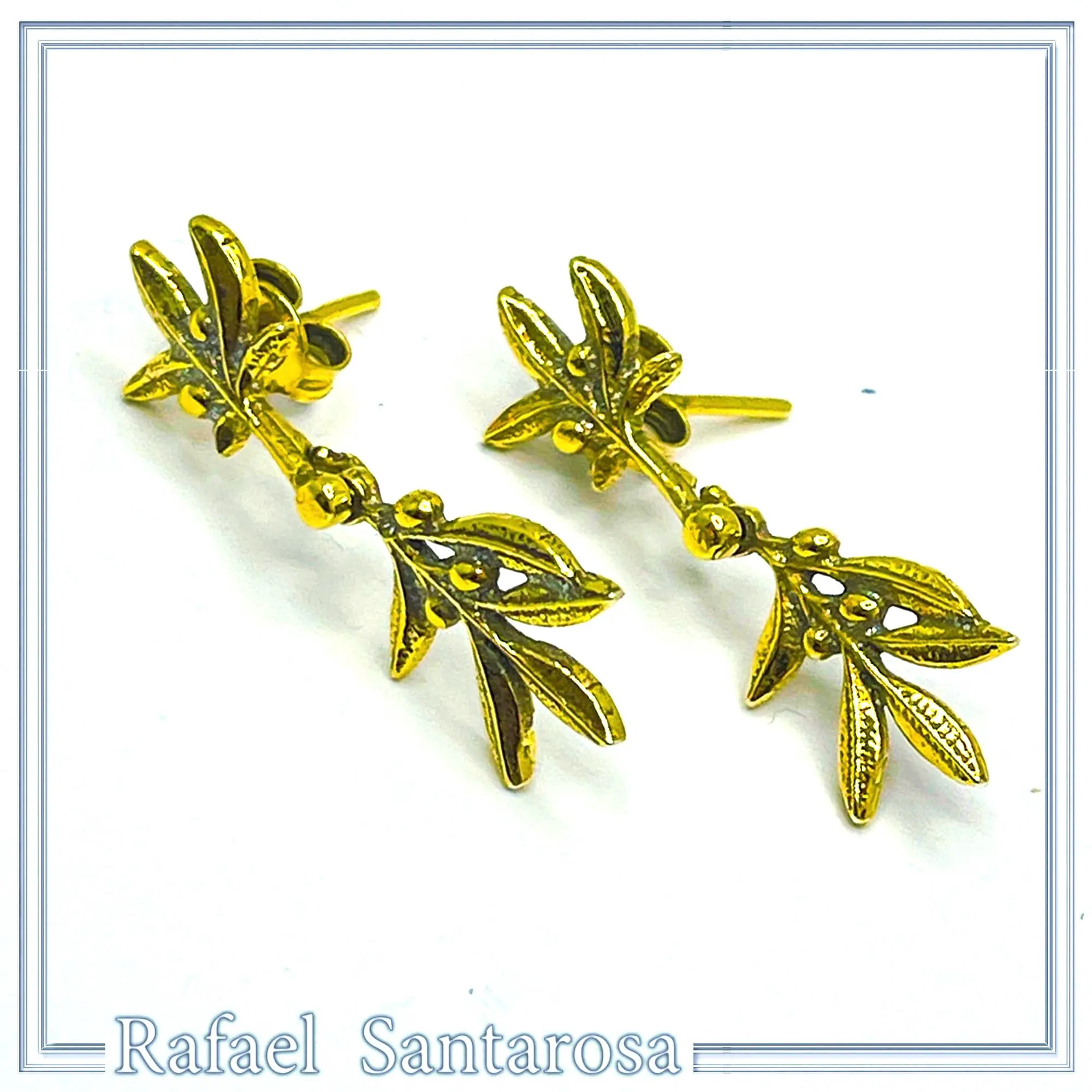 18K Solid Gold Olive Branch Dangle Earrings: Greek Nature Floral Jewelry Peace Symbol — additional product image 7 from Rafael Santarosa Fine Jewelry
