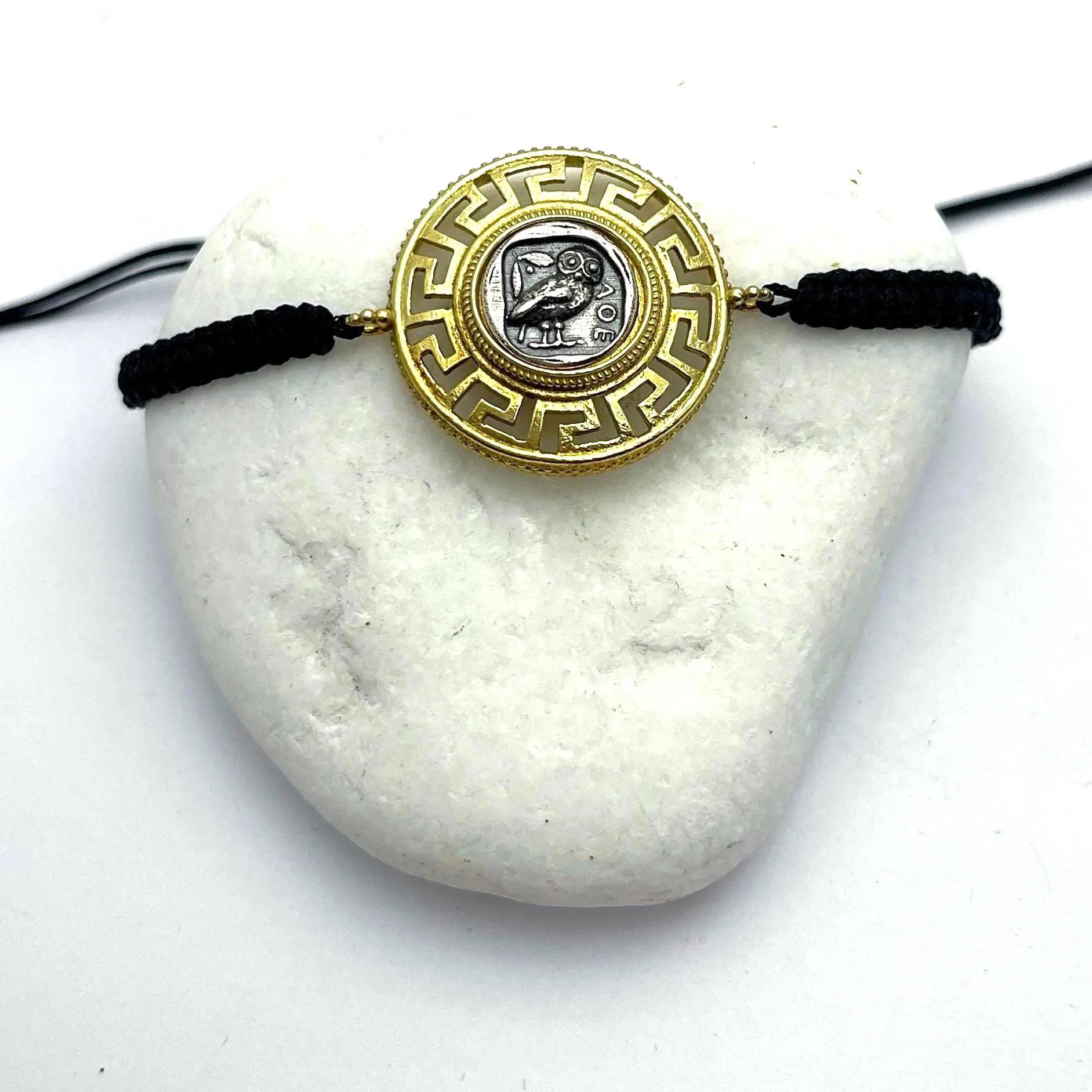 Owl Coin Tetradrachm with Greek Key Macrame Bracelet, 18K Gold Filled & Oxidized Sterling Silver — additional product image 10 from Rafael Santarosa Fine Jewelry