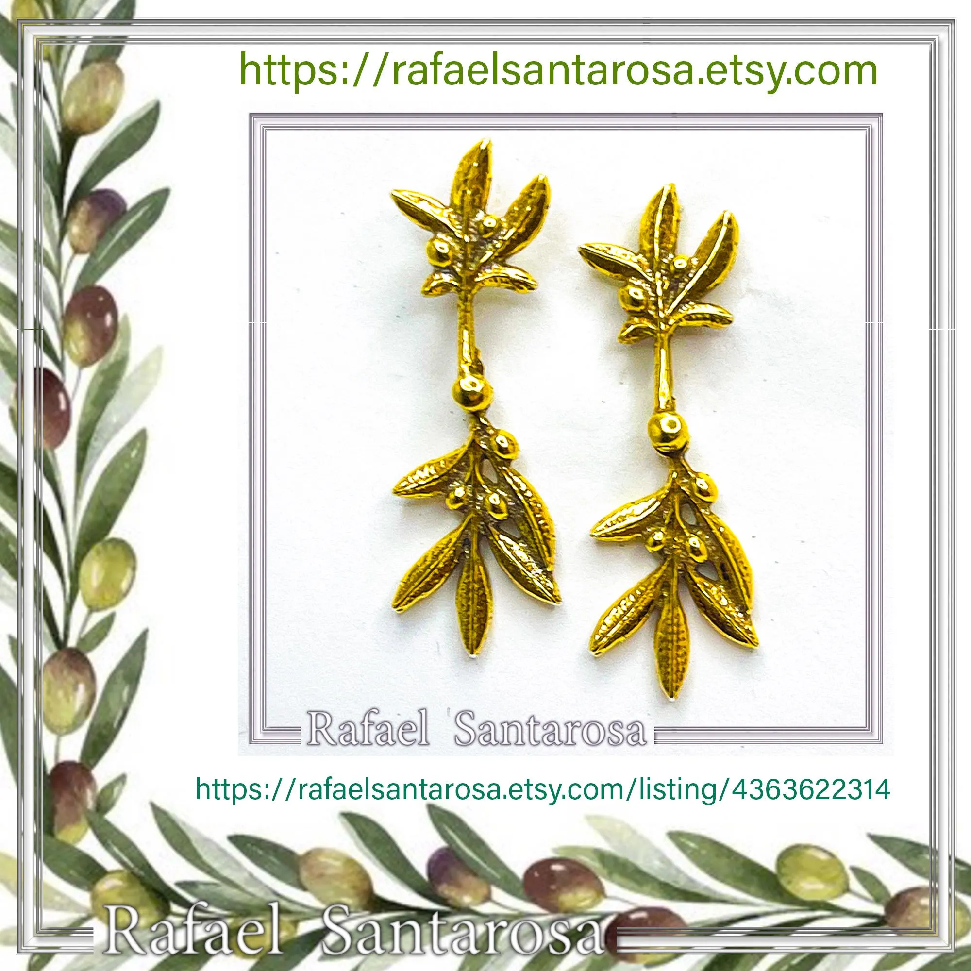 18K Solid Gold Olive Branch Dangle Earrings: Greek Nature Floral Jewelry Peace Symbol — additional product image 10 from Rafael Santarosa Fine Jewelry