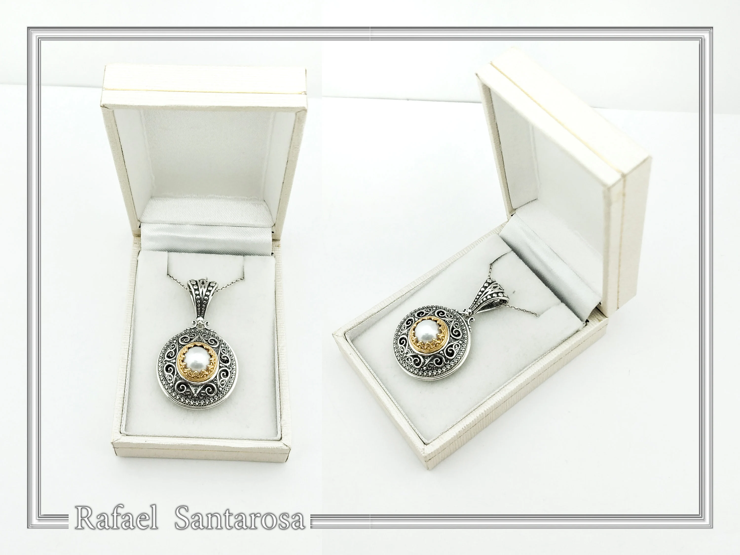 Byzantine natural Pearl Pendant: Oxidized Sterling Silver and Gold-Filled Filigree Necklace — additional product image 9 from Rafael Santarosa Fine Jewelry
