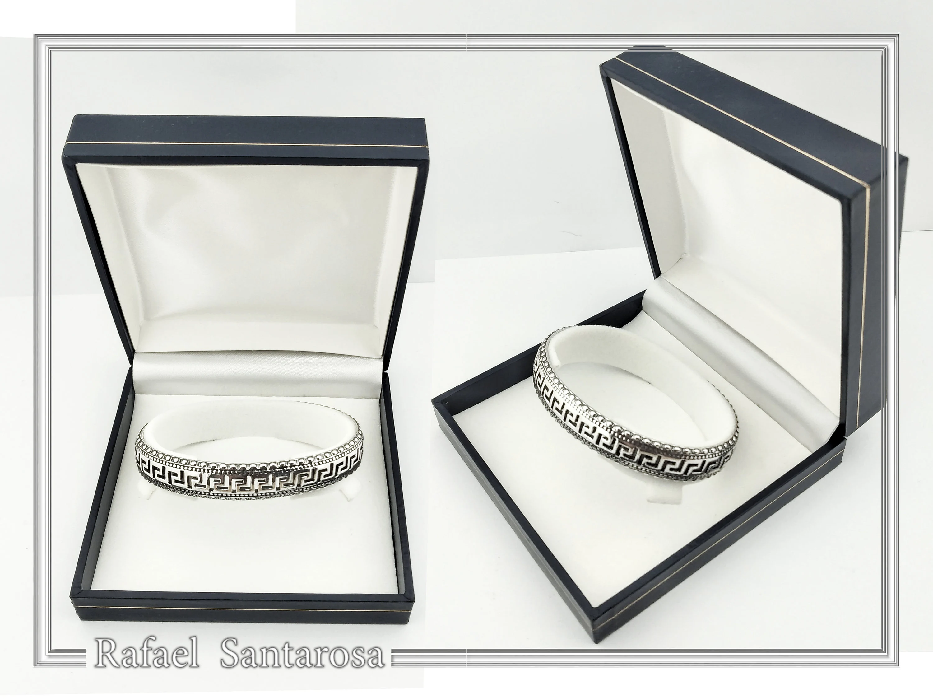 Greek Key Meander Oxidized Sterling Silver Cuff Bracelet, Museum Inspired Unisex Adjustable Jewelry — additional product image 9 from Rafael Santarosa Fine Jewelry
