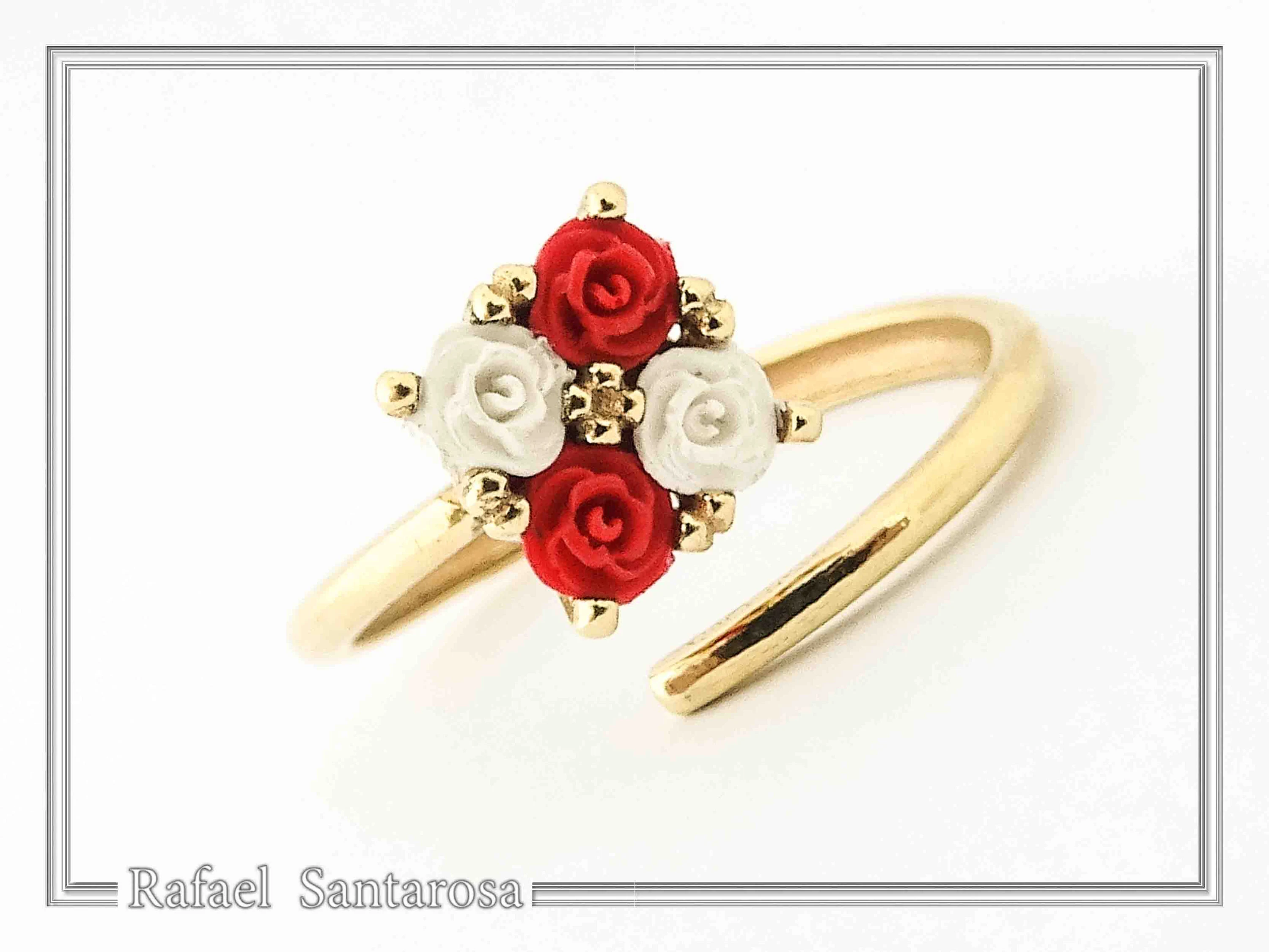 Alabaster Gems Rose Flower shaped Adjustable Ring: Sterling Silver 18K Gold-Filled, Floral Jewelry — additional product image 2 from Rafael Santarosa Fine Jewelry
