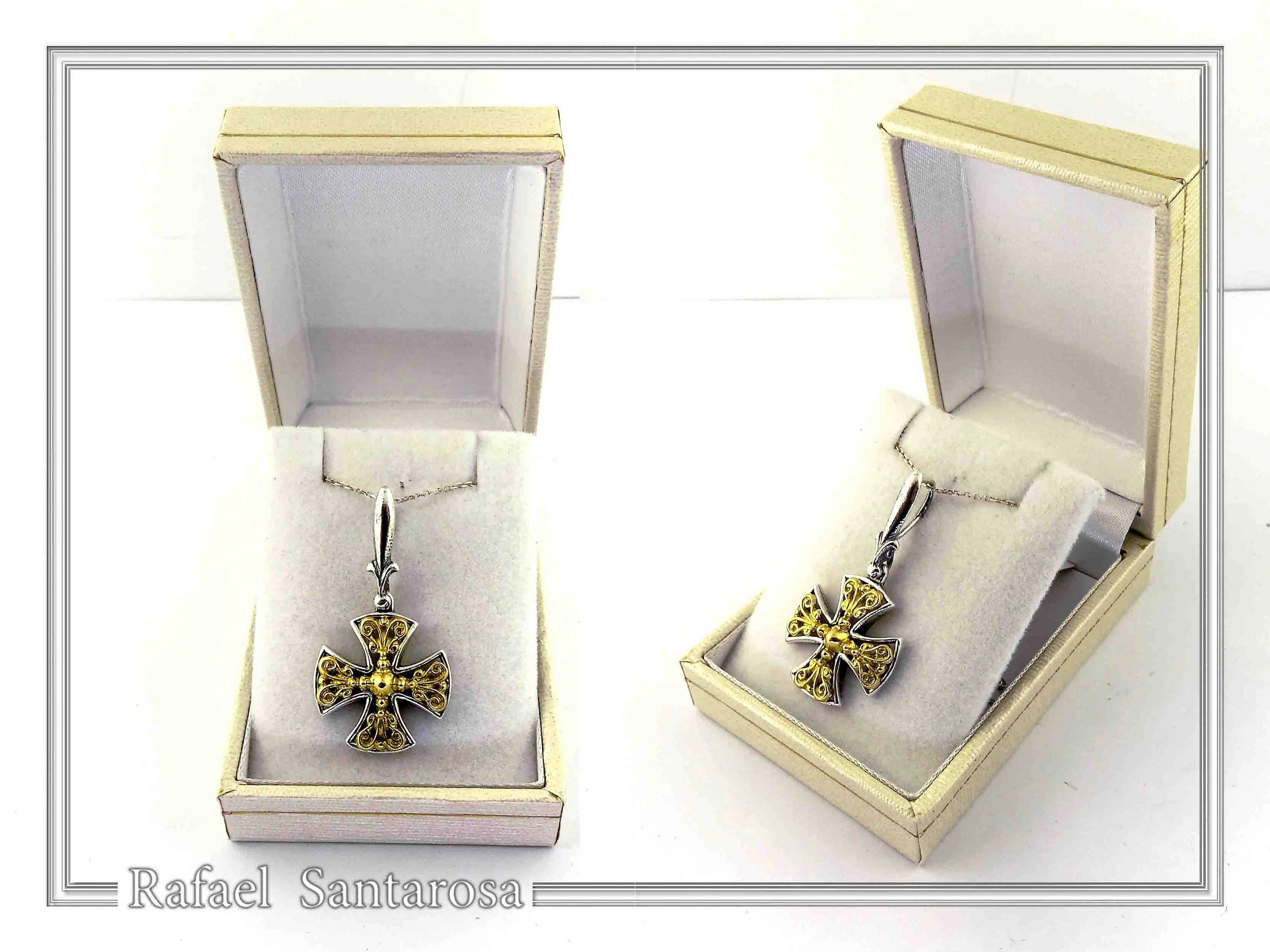 Byzantine Museum Religious Cross Pendant: 18K Gold Filled Filigree Cross on Oxidized Sterling Silver — additional product image 9 from Rafael Santarosa Fine Jewelry