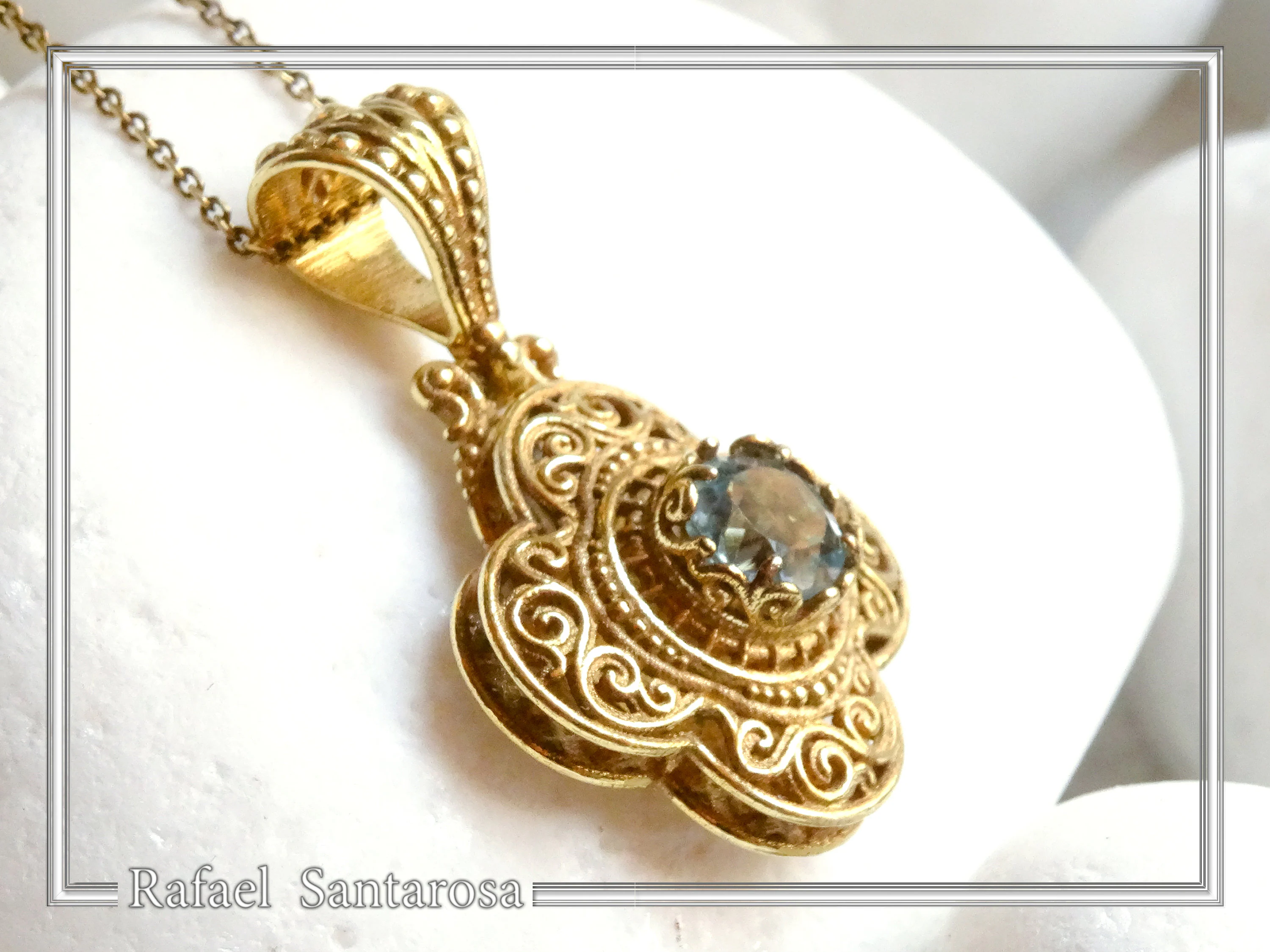 Byzantine Cross Sky-Blue Topaz Pendant: Handmade Filigree 18k Gold Filled Sterling Silver Necklace — additional product image 2 from Rafael Santarosa Fine Jewelry