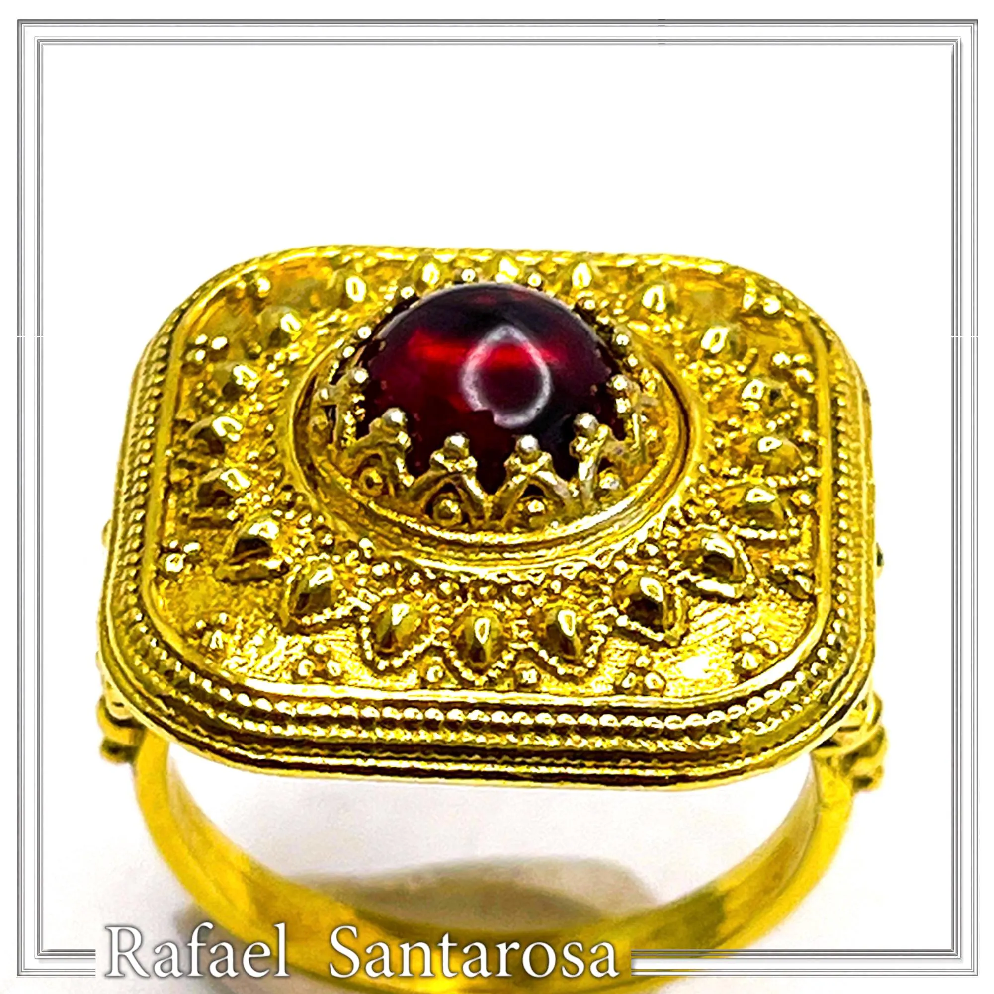 Byzantine Natural Garnet Statement Ring: 18K Gold Filled Granulation Filigree Sterling Silver — additional product image 5 from Rafael Santarosa Fine Jewelry