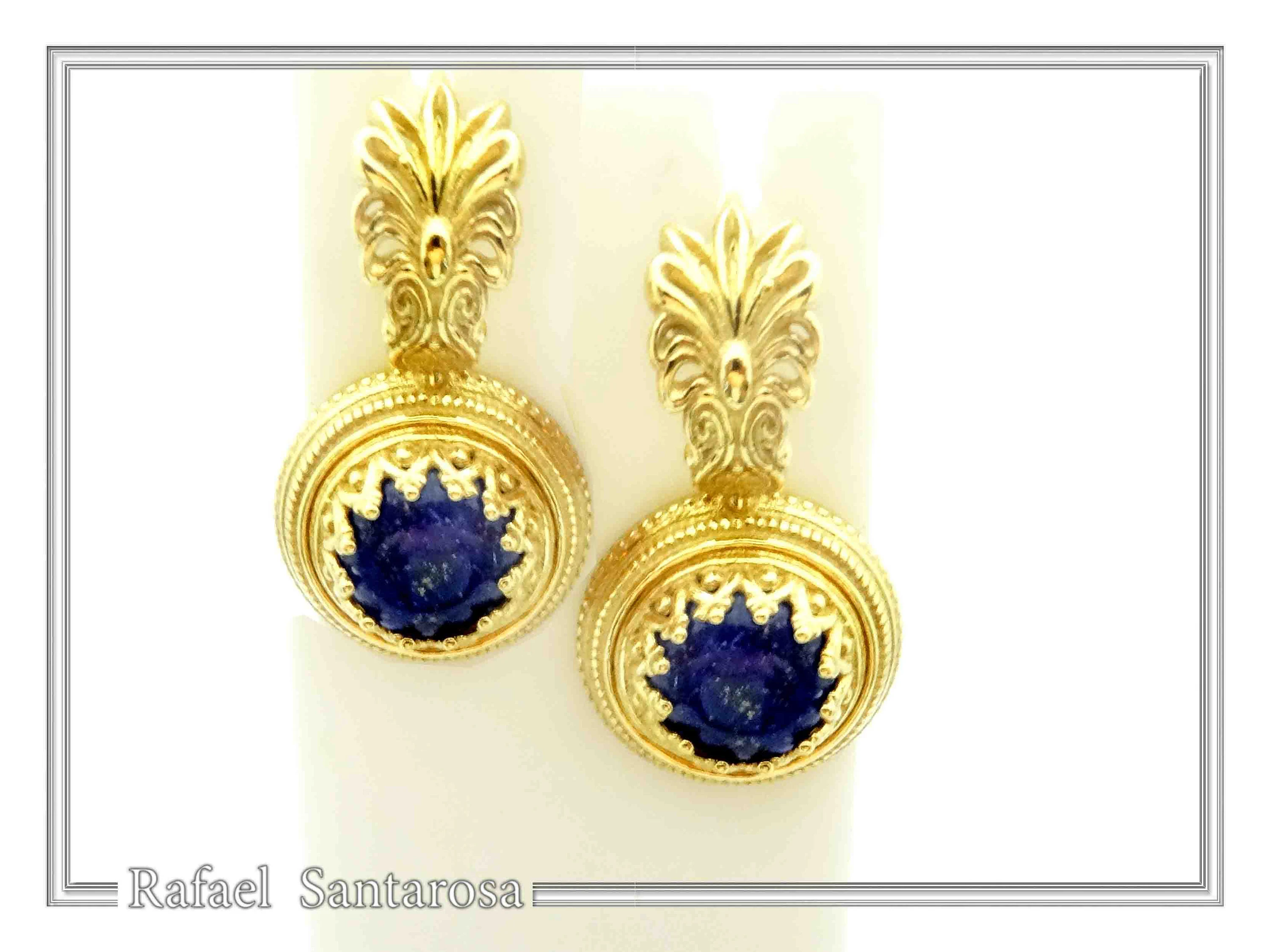 Natural Lapis Lazuli Ancient Greek Antefix Earrings: Sterling Silver Gold-Filled Filigree, — additional product image 4 from Rafael Santarosa Fine Jewelry