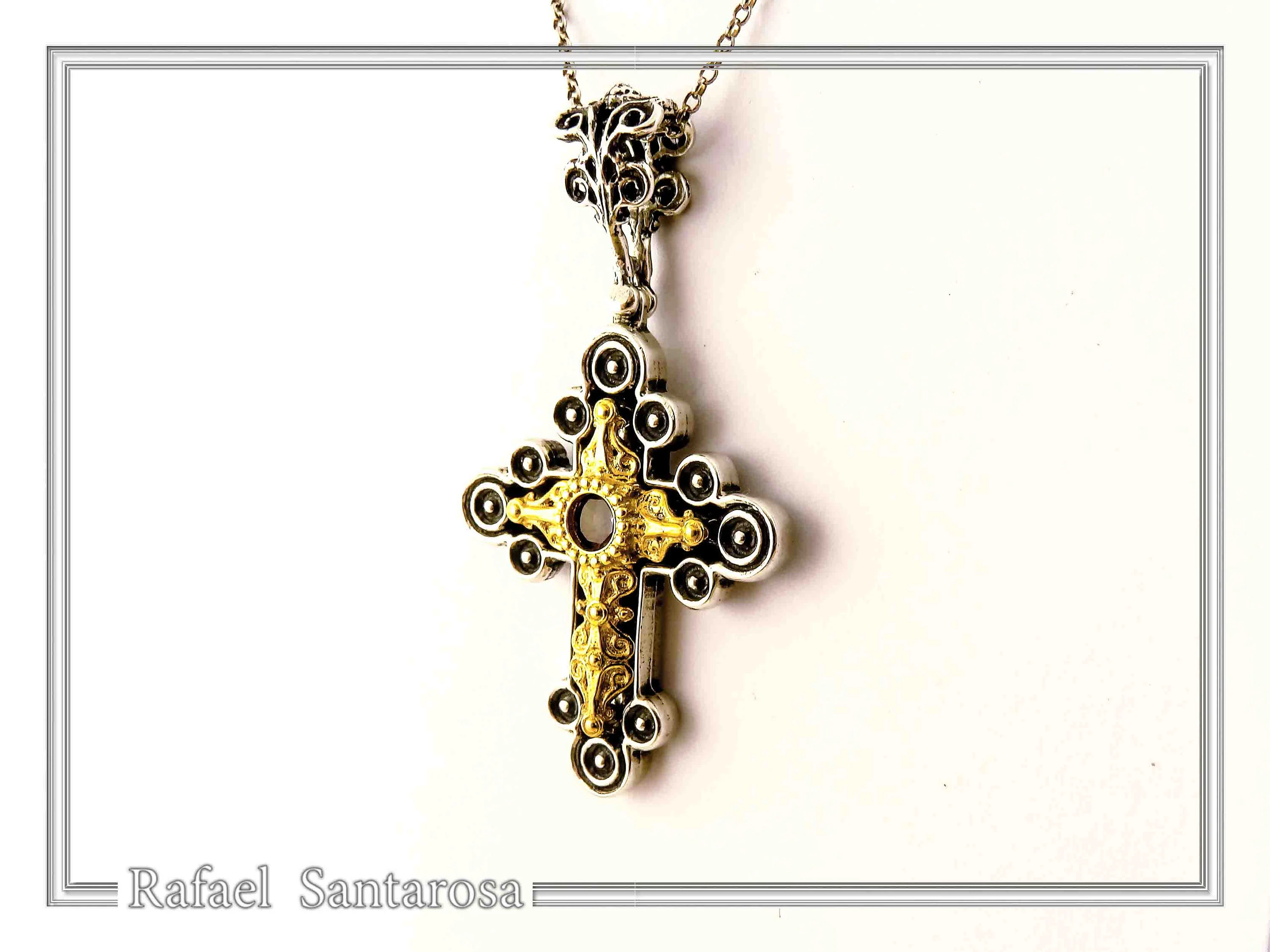 Byzantine Religious Cross Pendant Sterling Silver Oxidised 18k Gold Filled Garnet Necklace — additional product image 5 from Rafael Santarosa Fine Jewelry