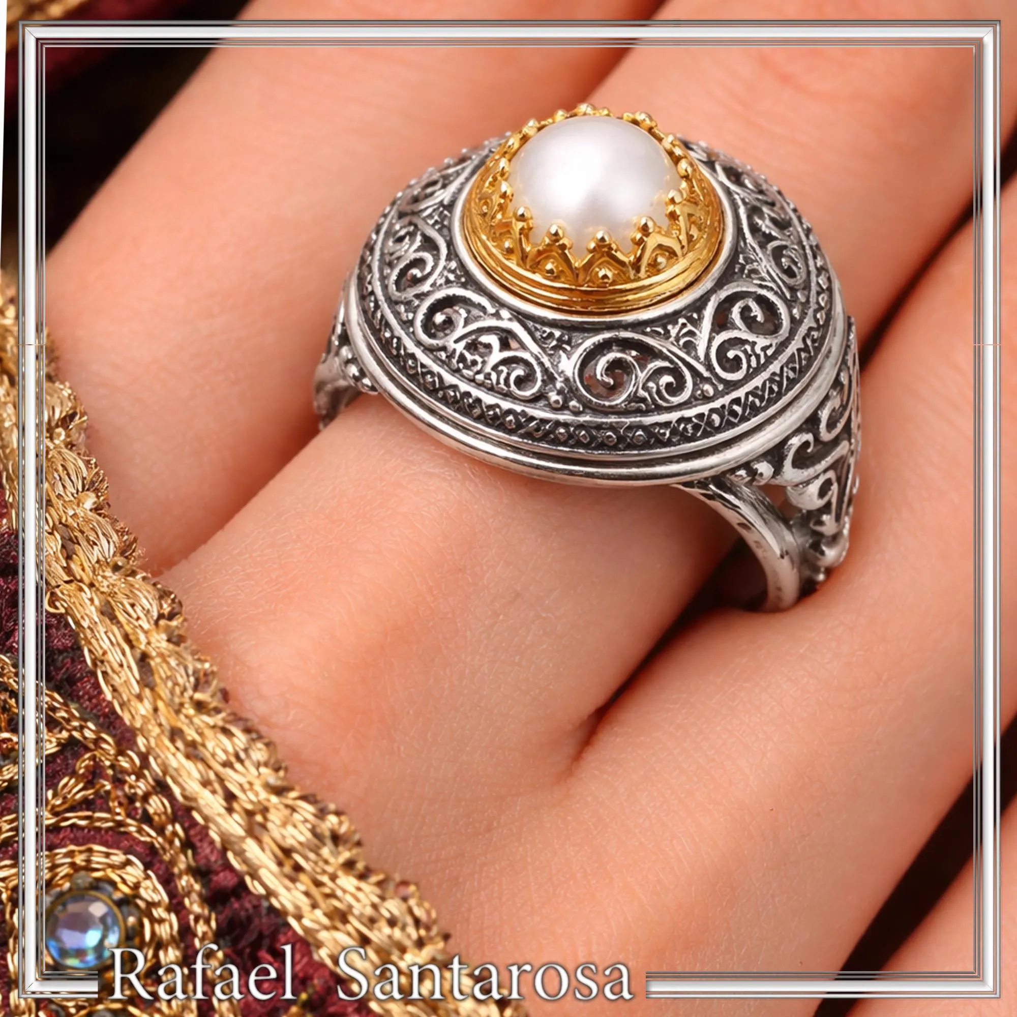 Oxidised sterling silver ring with 18k gold filled bezel and natural pearl center stone. — additional product image 2 from Rafael Santarosa Fine Jewelry