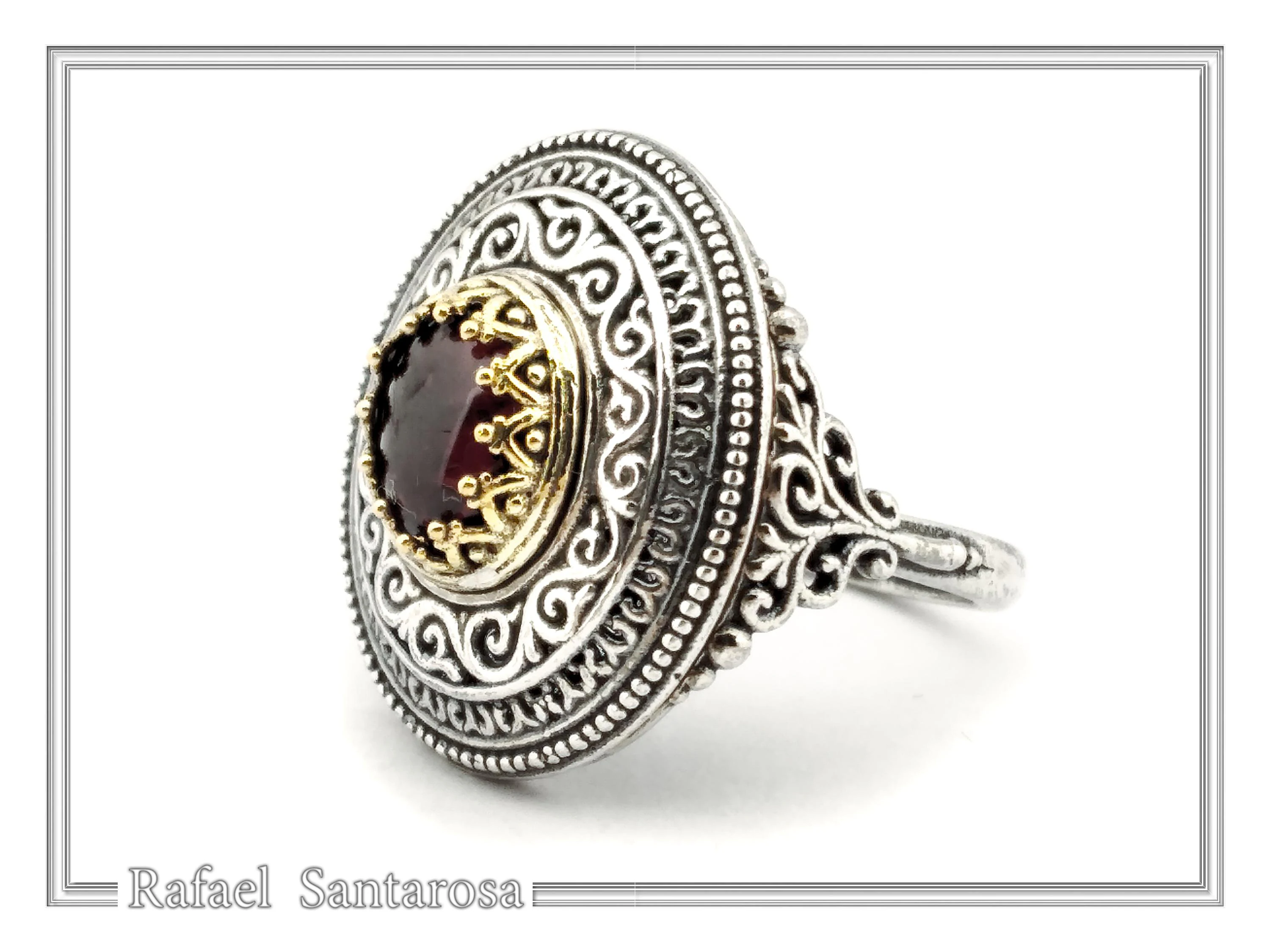 Dark Red Genuine Garnet Byzantine Style Ring: Oxidized Sterling Silver & 18K Gold Filled Bezel — additional product image 9 from Rafael Santarosa Fine Jewelry