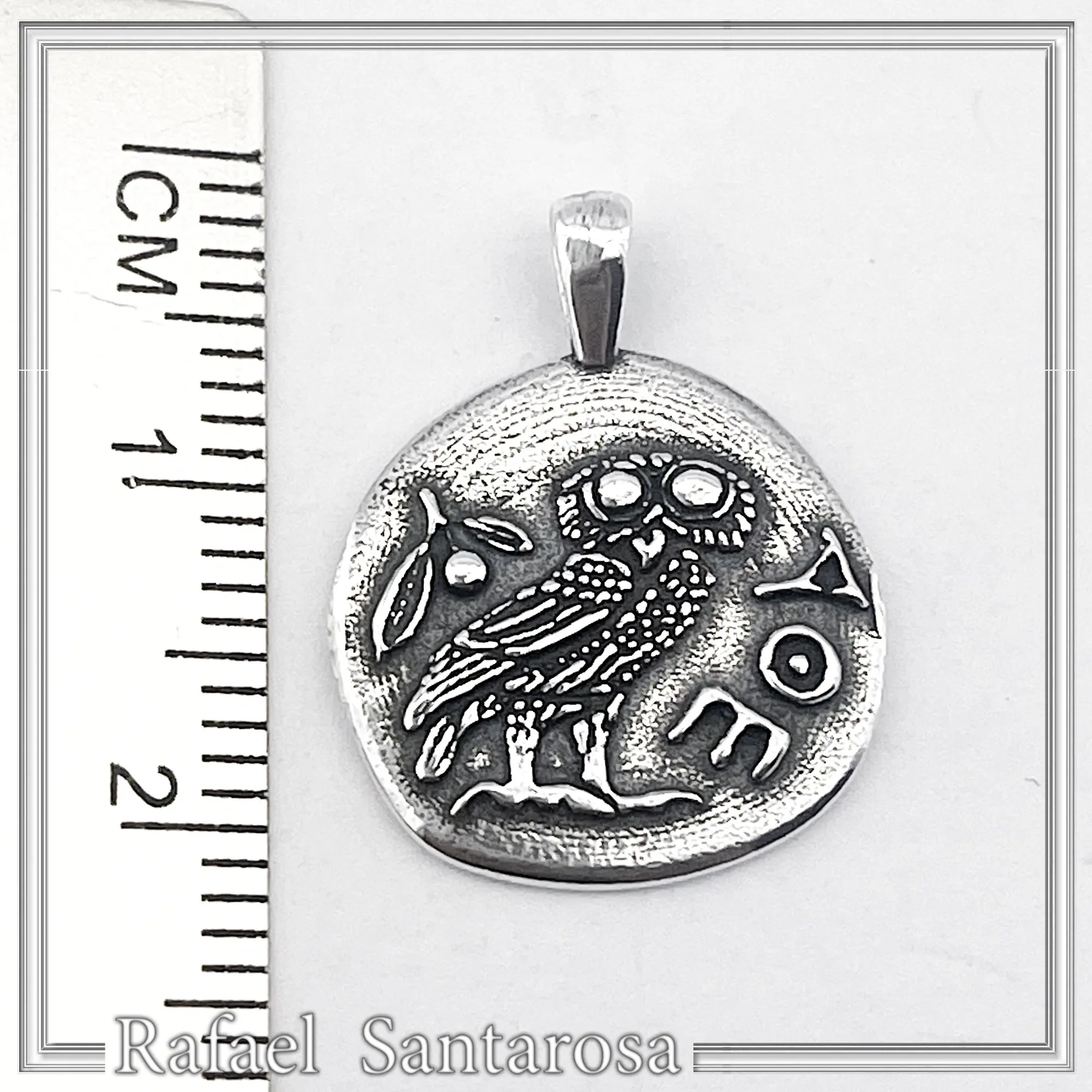 Greek Owl Coin Tetradrachm museum Replica Pendant: Oxidized Sterling Silver — additional product image 9 from Rafael Santarosa Fine Jewelry
