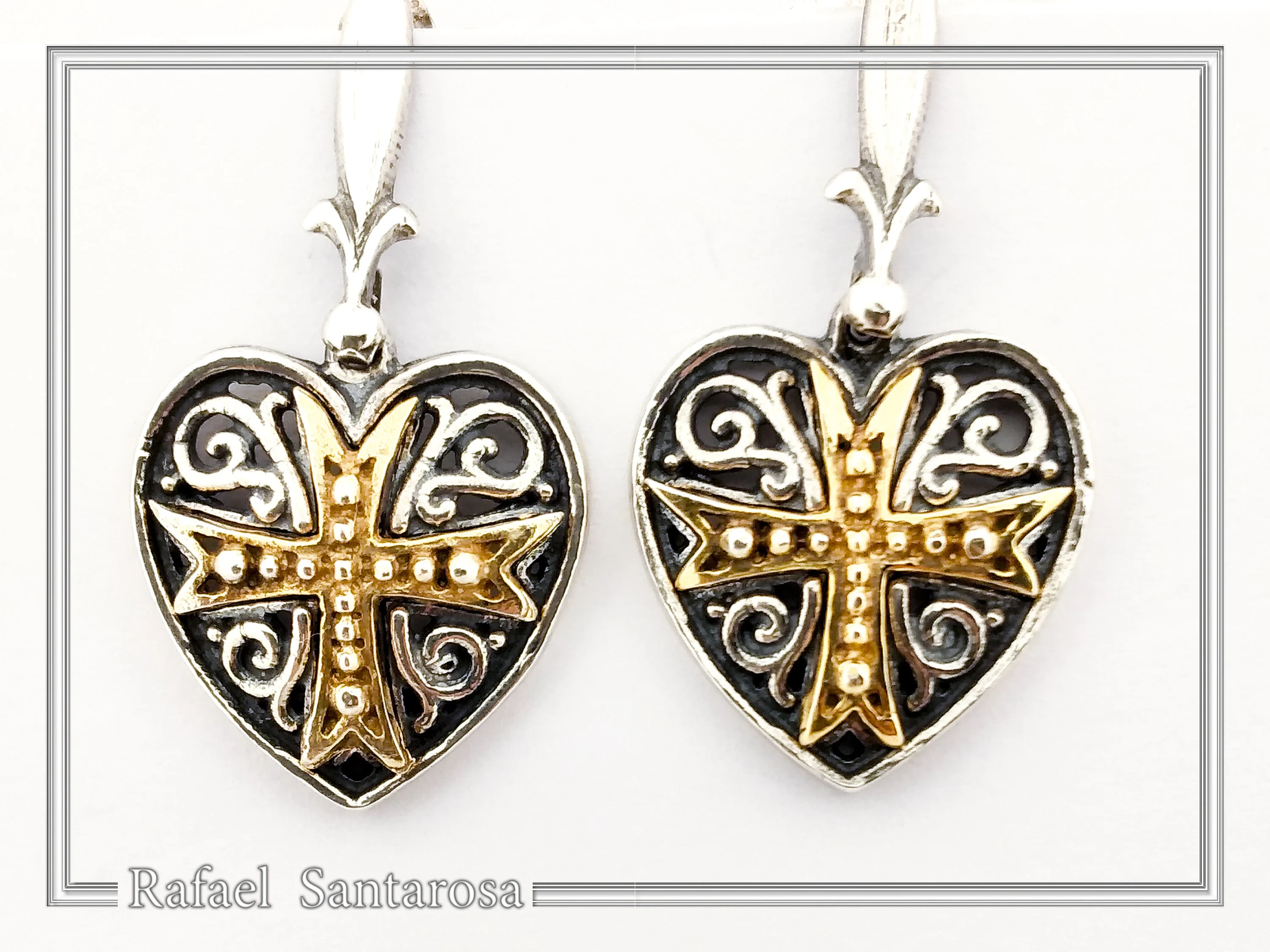 Maltese Knights Cross Holy Heart Earrings: Oxidized Sterling Silver and Gold-Filled — additional product image 3 from Rafael Santarosa Fine Jewelry