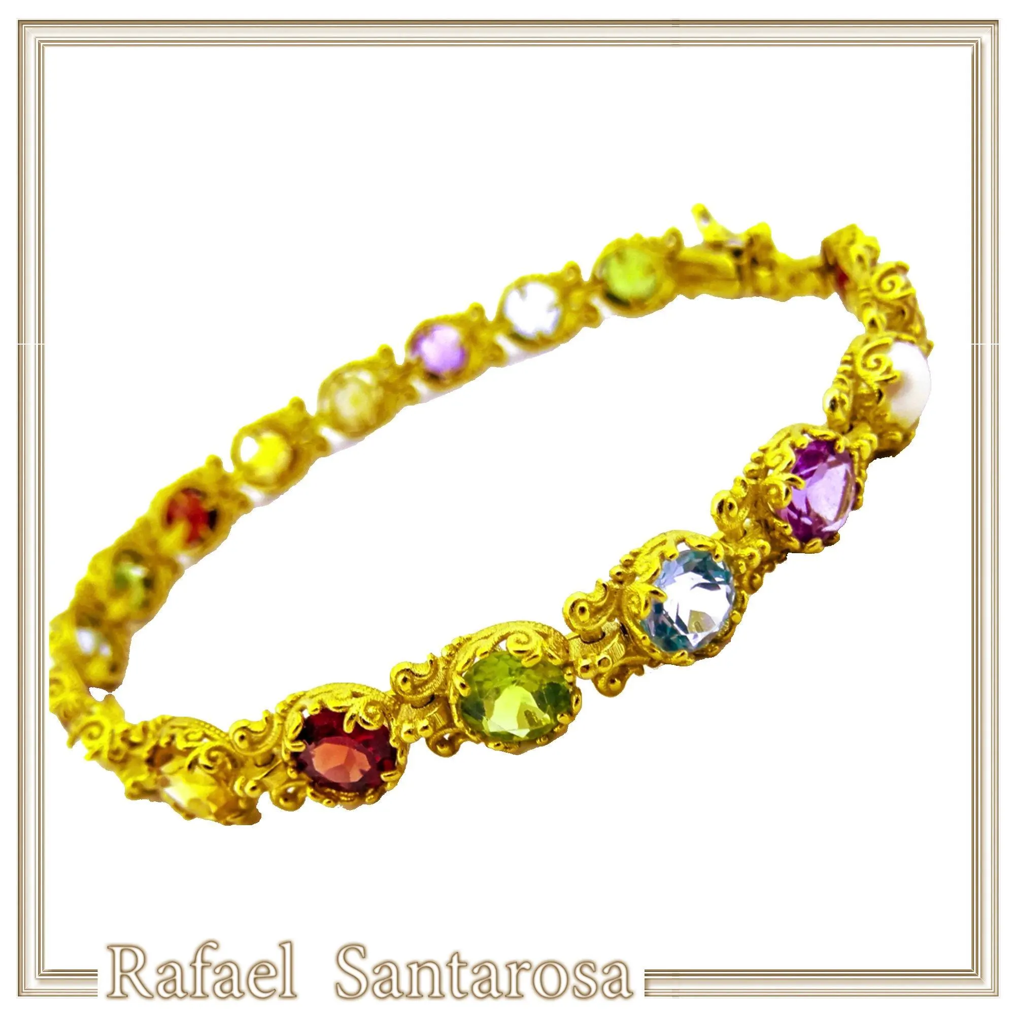 Multi Genuine Gemstone Beaded Bracelet: 18K Solid Gold Byzantine Filigree Tennis Bracelet