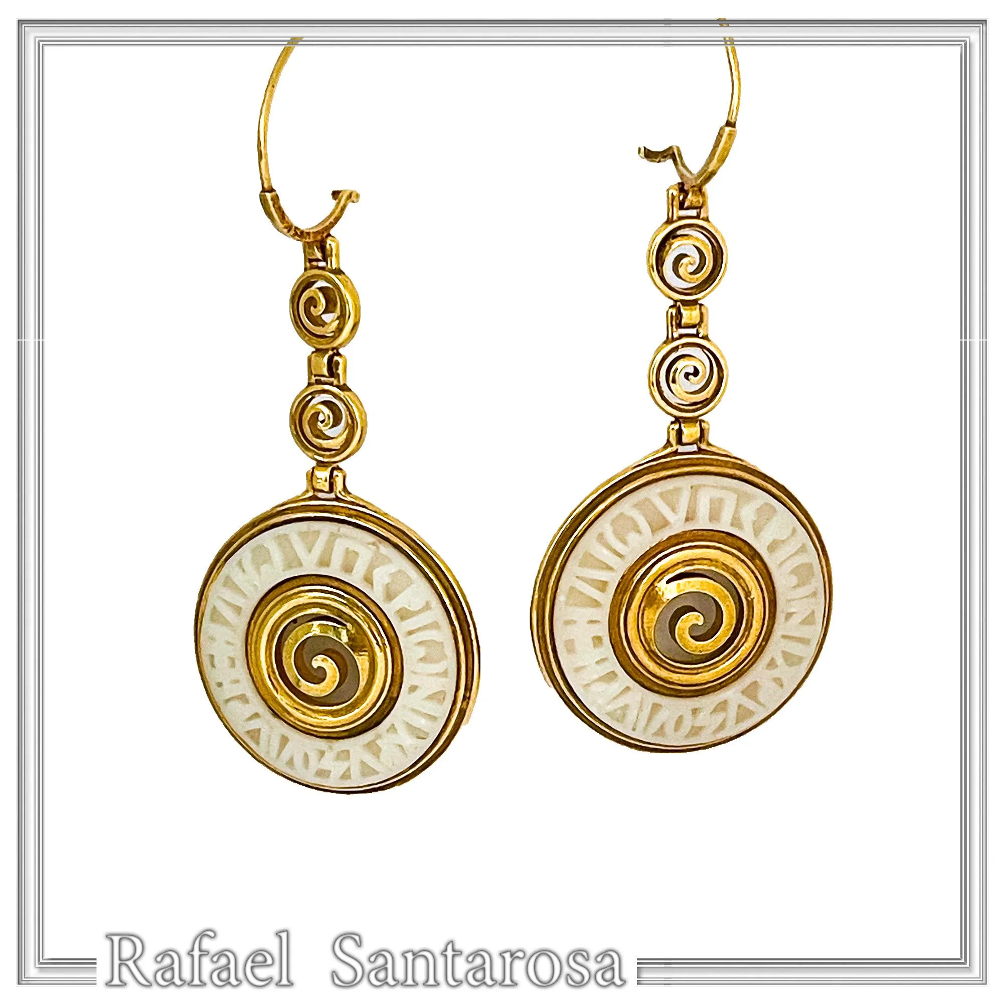 Ancient Greek Prayer to Sun Engraved Marble Spiral Earrings: 18k Gold Filled Sterling Silver — additional product image 3 from Rafael Santarosa Fine Jewelry