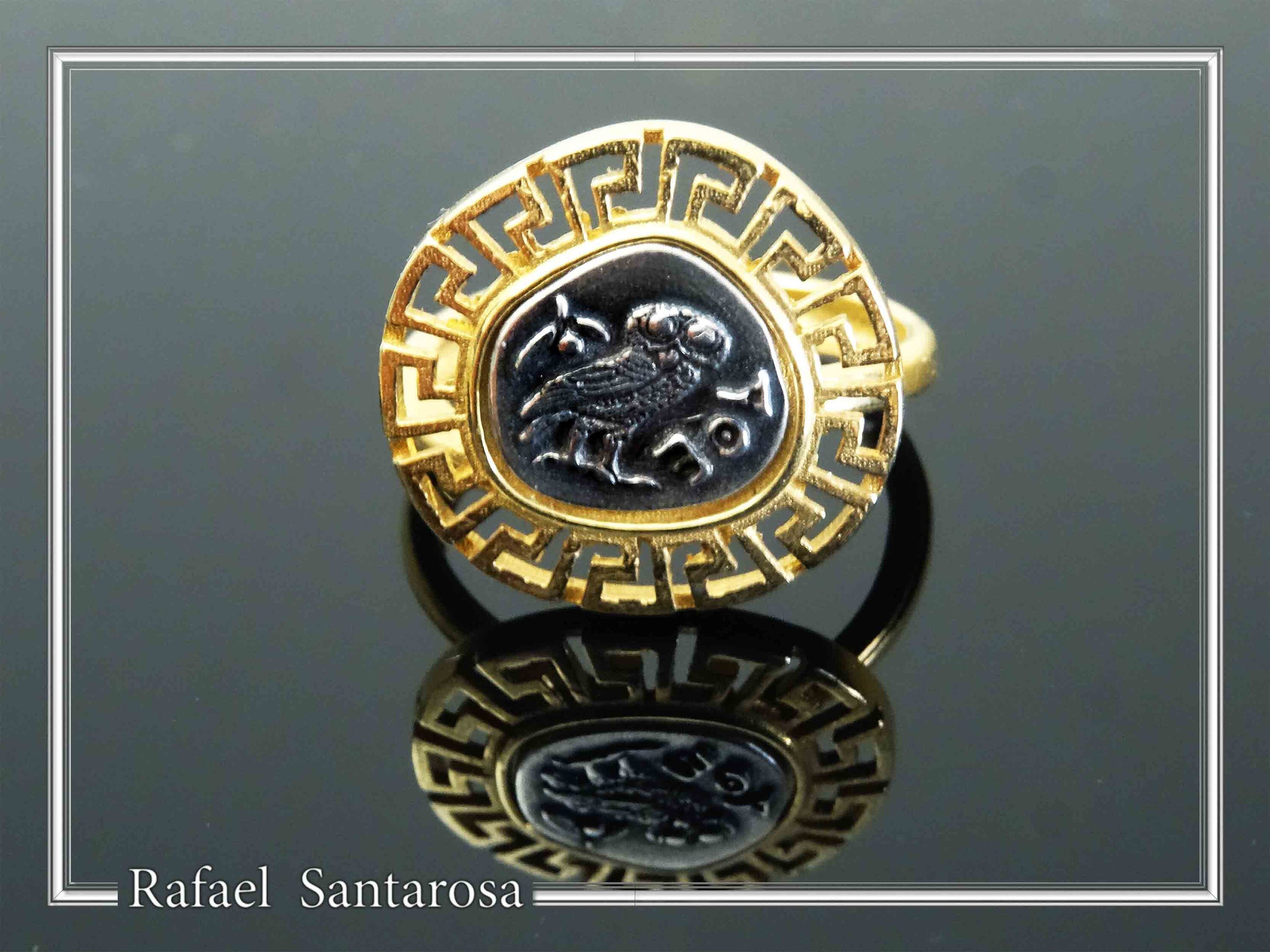 Owl of Athena Goddess Tetradrachm Greek Coin Greek Key Ring: 18K Gold Filled Silver — additional product image 9 from Rafael Santarosa Fine Jewelry