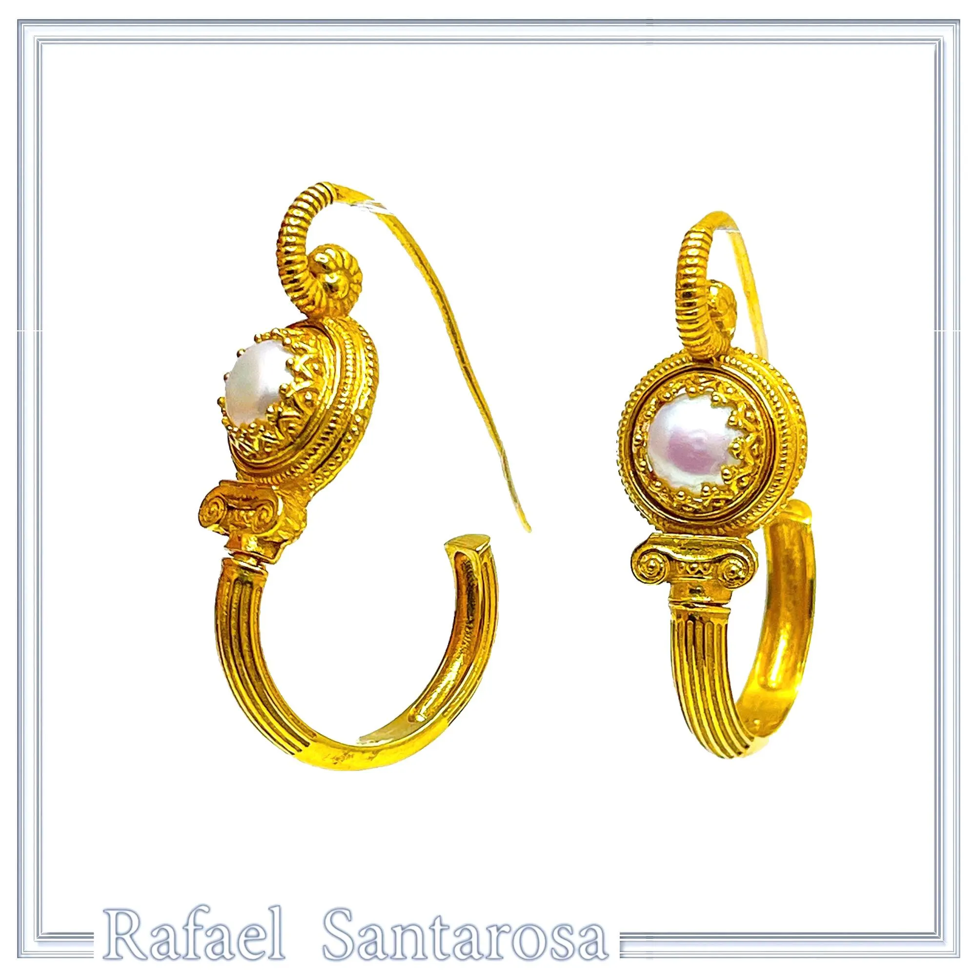 Ancient Greek Ionian Temple Column Natural Pearl Hoop Earrings Gold Filled Silver: Museum Jewelry — additional product image 2 from Rafael Santarosa Fine Jewelry