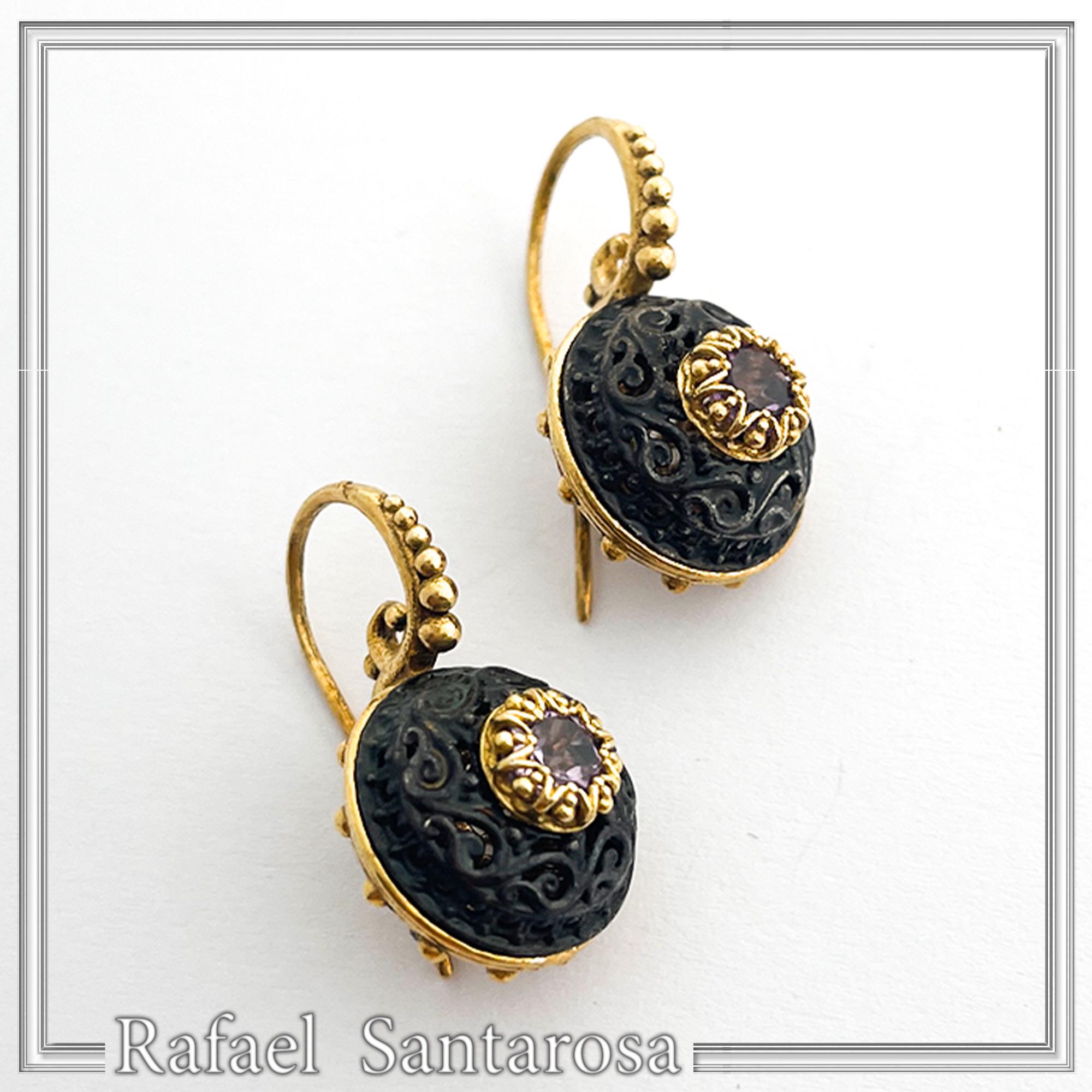 Byzantine Filigree Natural Gemstones Silver Earrings: Oxidised black and Gold-Filled silver — additional product image 4 from Rafael Santarosa Fine Jewelry