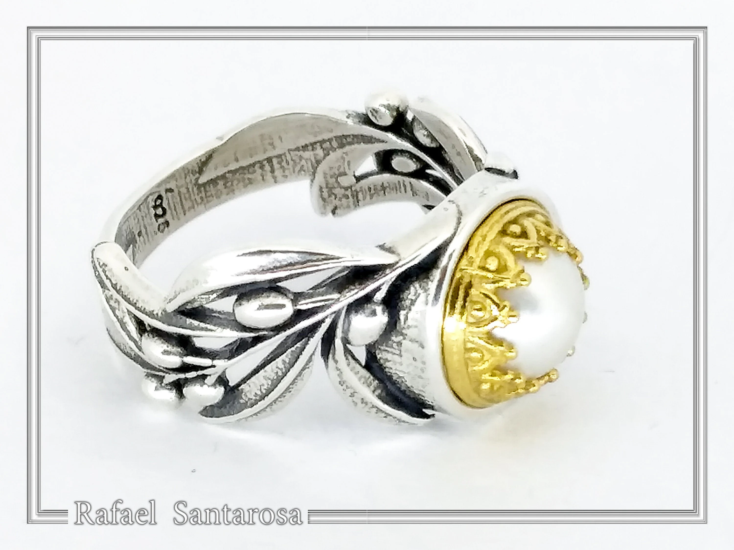 Natural Lapis or Pearl Floral Olive Branch Ring: Oxidized Sterling Silver Gold Filled Filigree — additional product image 8 from Rafael Santarosa Fine Jewelry