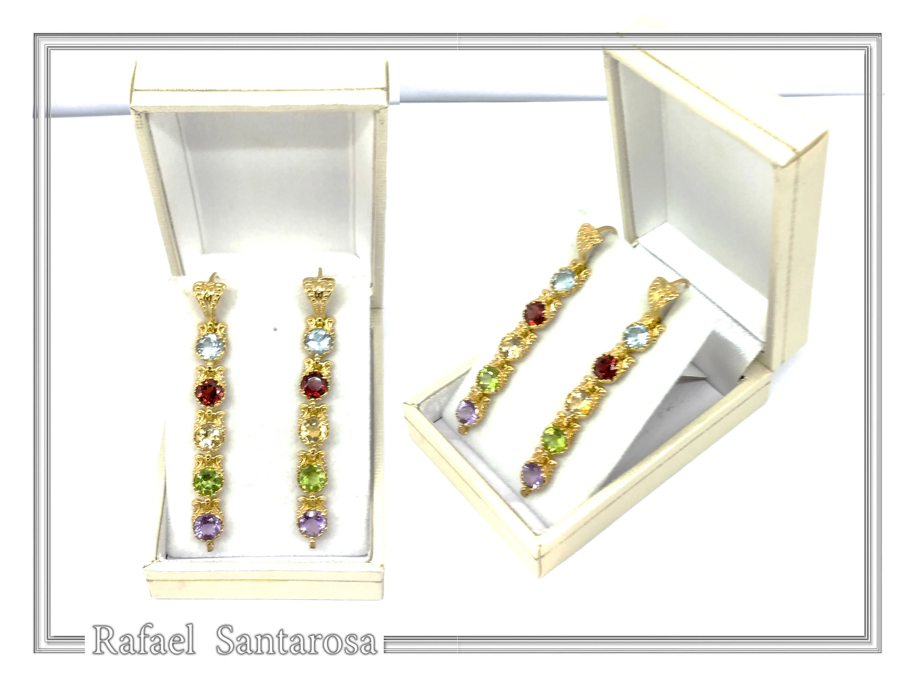 18k Gold Byzantine Filigree Multi Gemstone Dangle Beaded Earrings: Multi Coloured Natural Gems — additional product image 10 from Rafael Santarosa Fine Jewelry