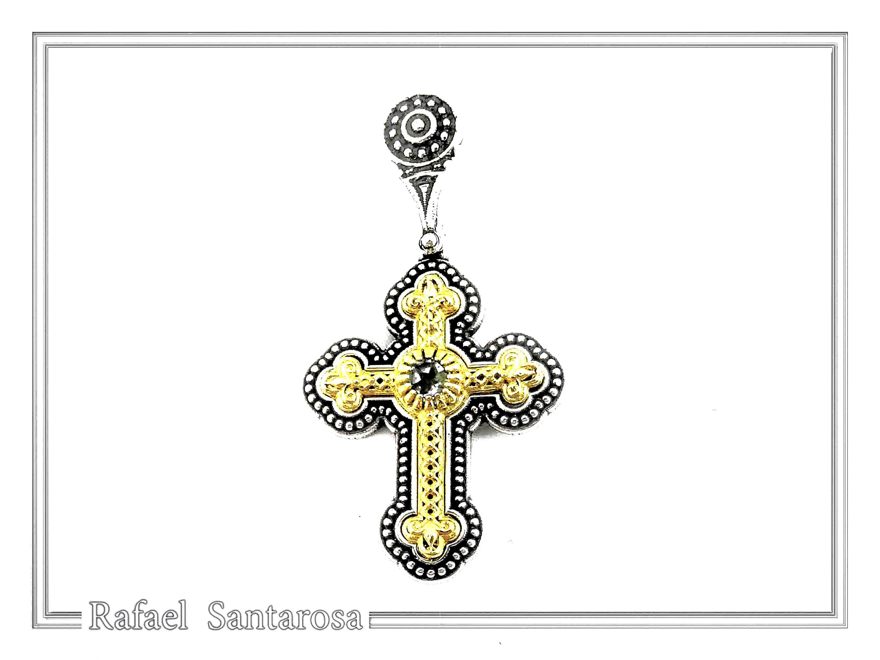 Genuine Sky-Blue Topaz Byzantine Filigree Cross Necklace: Silver oxidised & 18K Gold filled — additional product image 5 from Rafael Santarosa Fine Jewelry