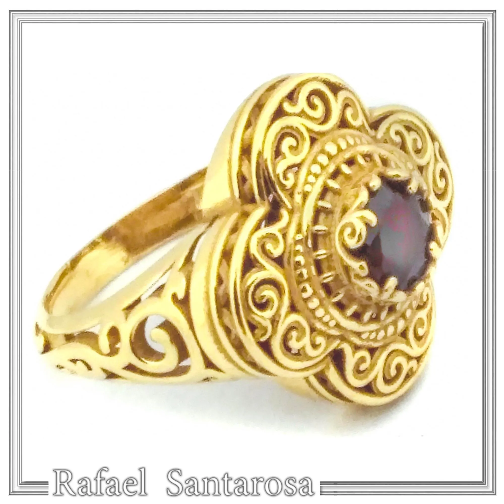 Natural brilliant cut topaz Byzantine Ring: Engraved and filigree Sterling Silver 18K Gold Filled — additional product image 3 from Rafael Santarosa Fine Jewelry