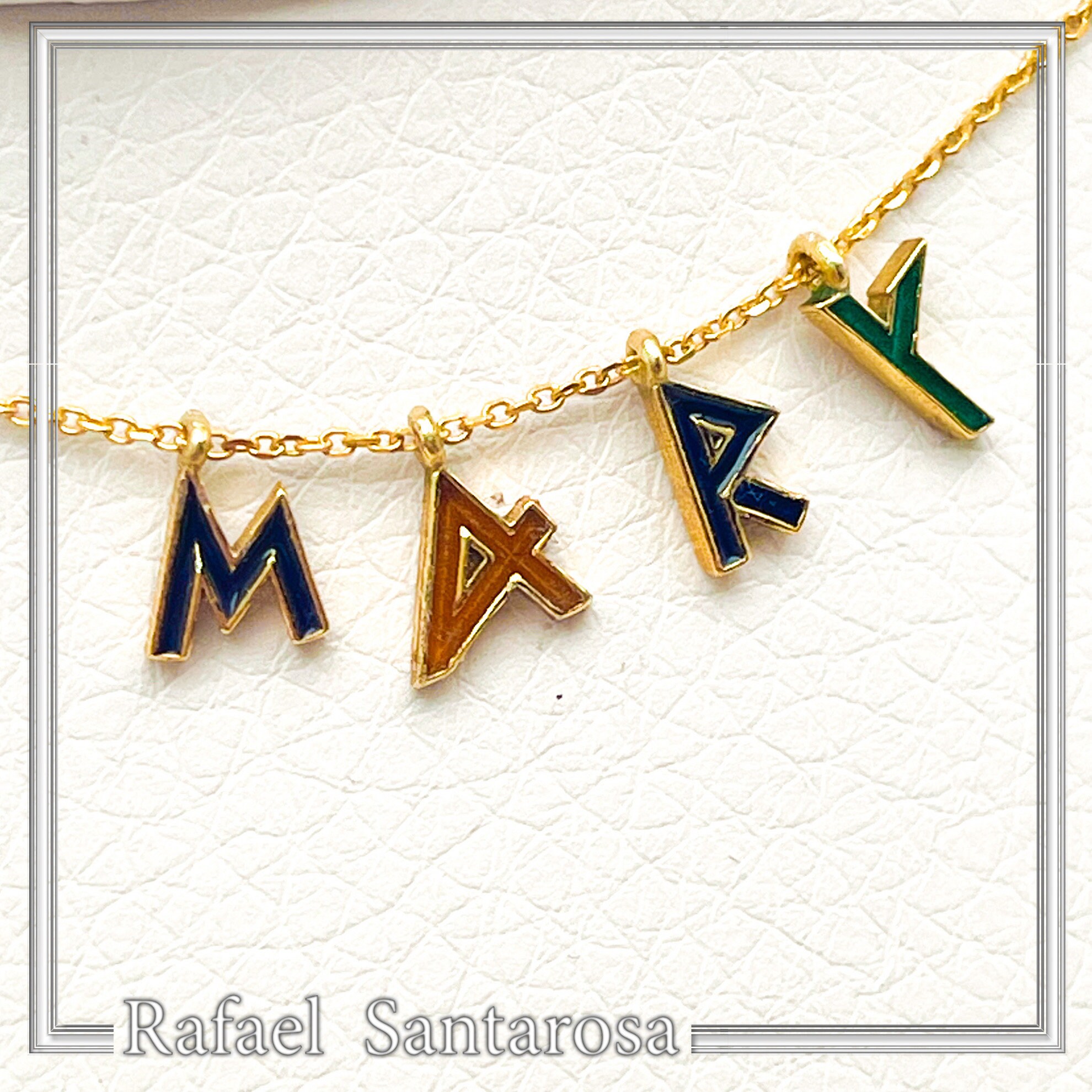 Personalized "Mary" Name Silver Gold filled Beaded Necklace: Enamel Letter Charm, Ancient Greek Font — additional product image 7 from Rafael Santarosa Fine Jewelry