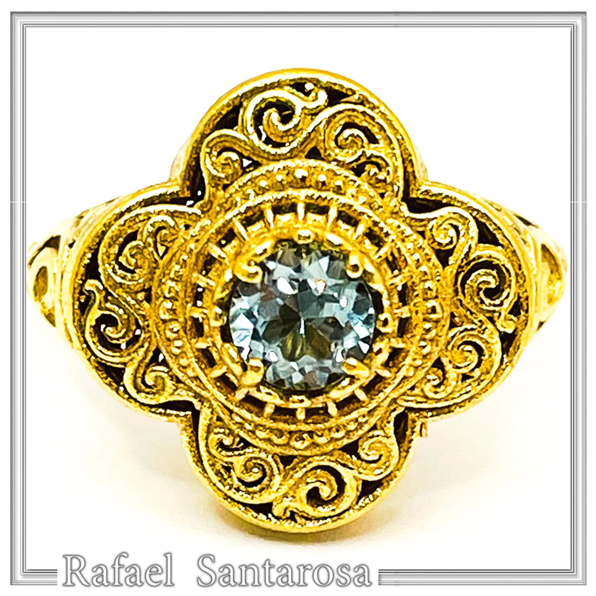 Natural brilliant cut topaz Byzantine Ring: Engraved and filigree Sterling Silver 18K Gold Filled — additional product image 4 from Rafael Santarosa Fine Jewelry