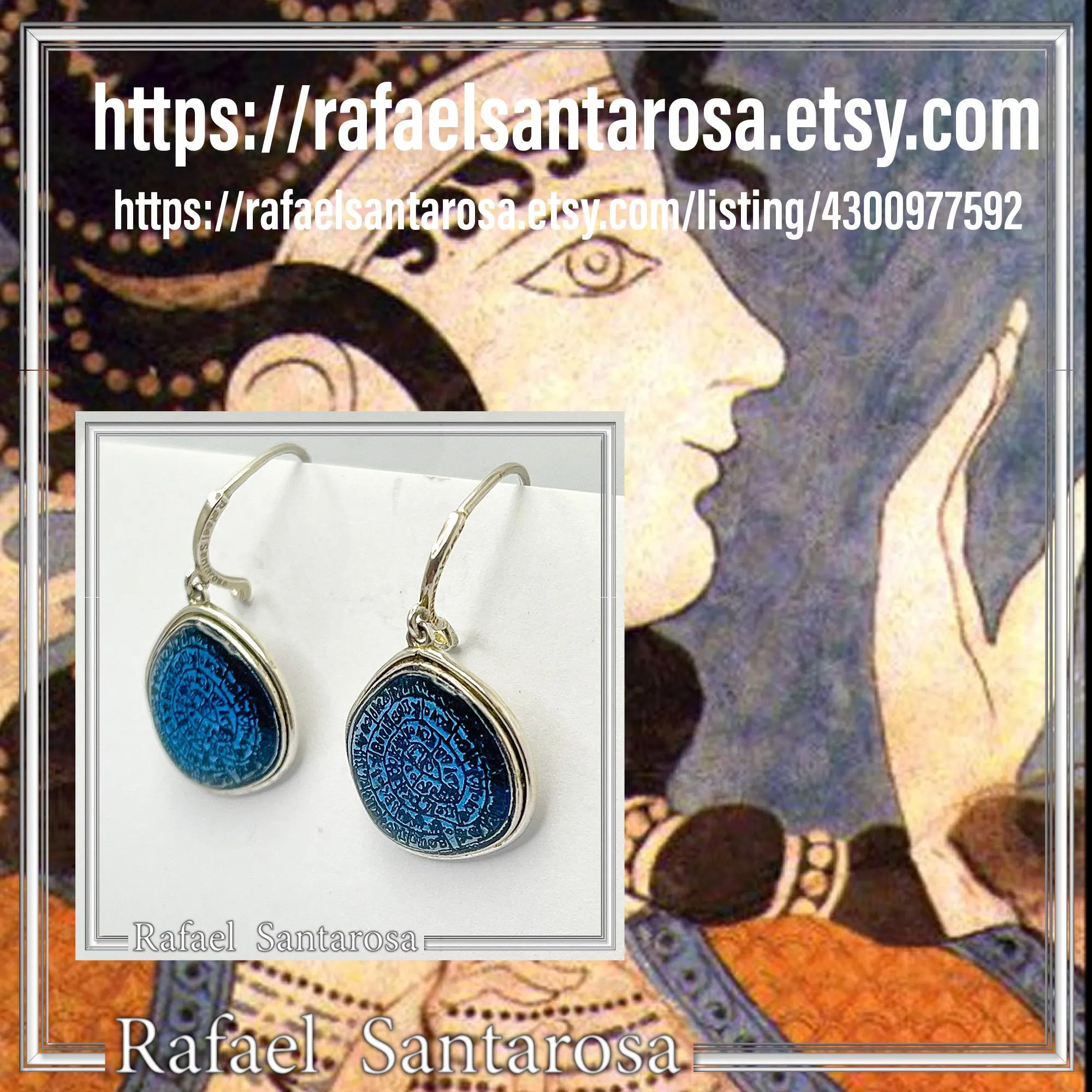 Ancient Minoan Calendar Replica Phaistos Disc Earrings: Oxidized Sterling Silver Sky Blue Transparent Enamel — additional product image 10 from Rafael Santarosa Fine Jewelry