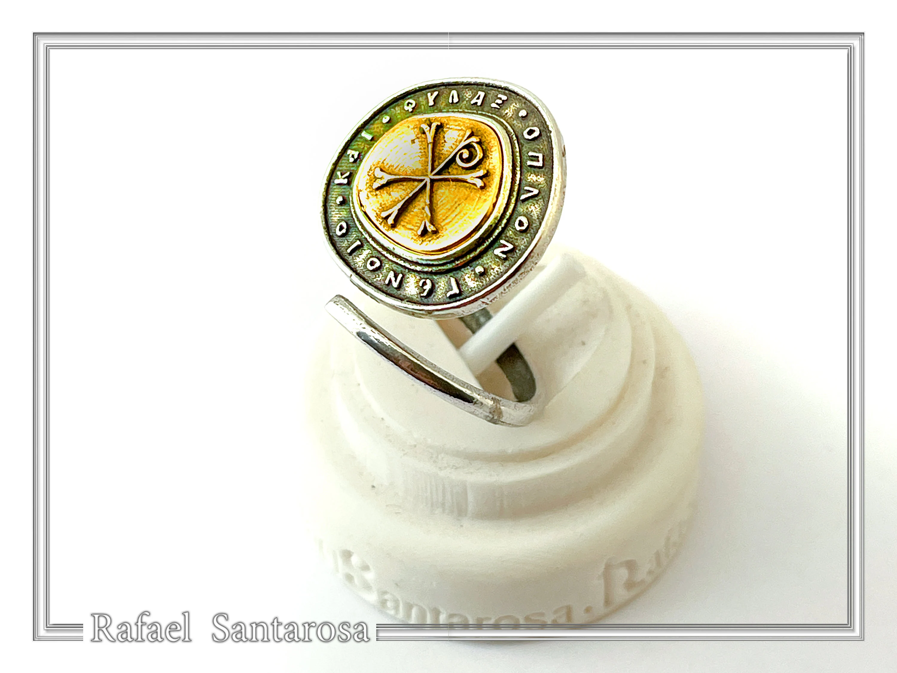 18K Gold Chi Rho Christogram on Oxidized Sterling Silver Adjustable Ring, Byzantine Prayer Talisman — additional product image 5 from Rafael Santarosa Fine Jewelry