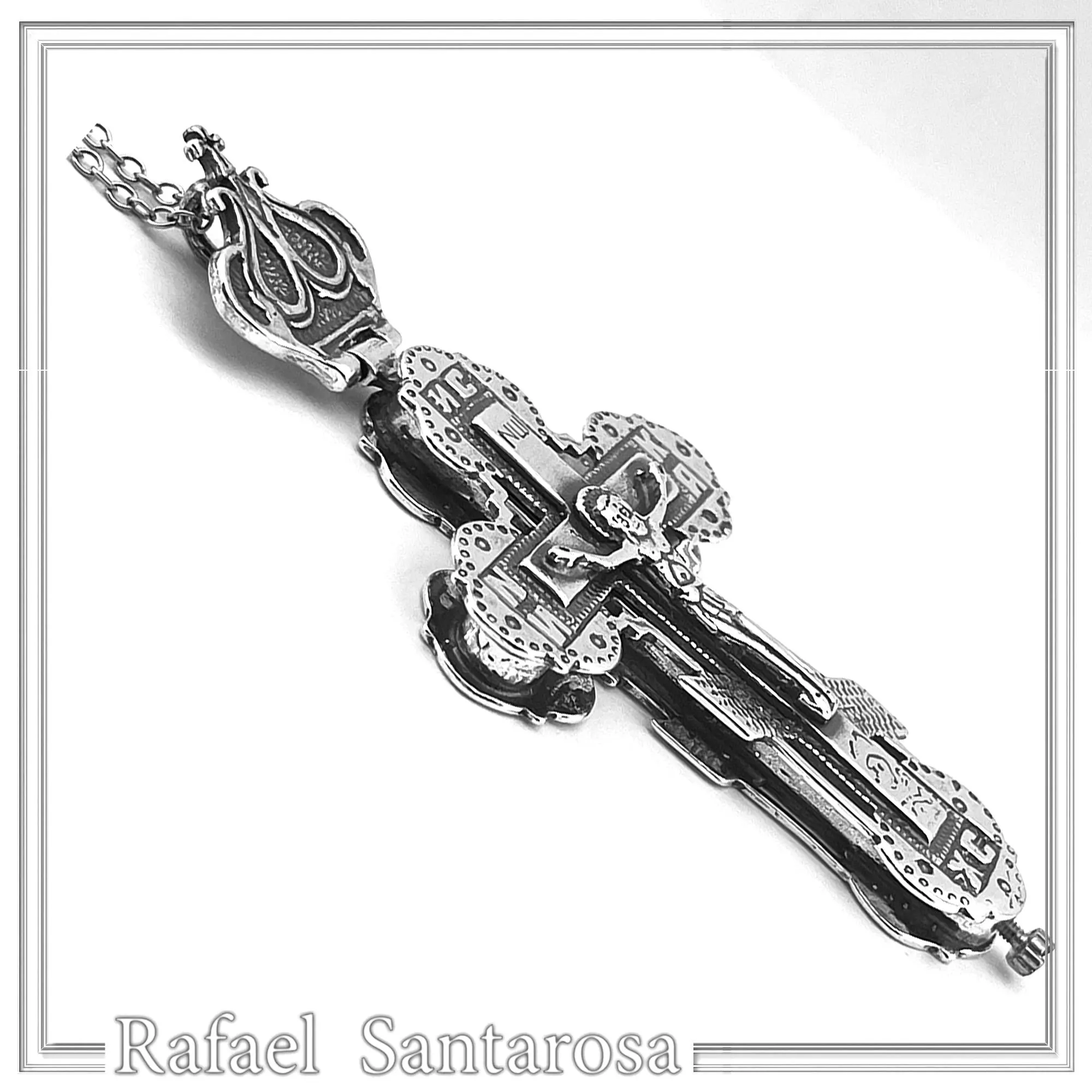 Reliquary Russian Type Cross Byzantine Cyrillic Prayer Pendant: Oxidised Sterling Silver Locket — additional product image 4 from Rafael Santarosa Fine Jewelry
