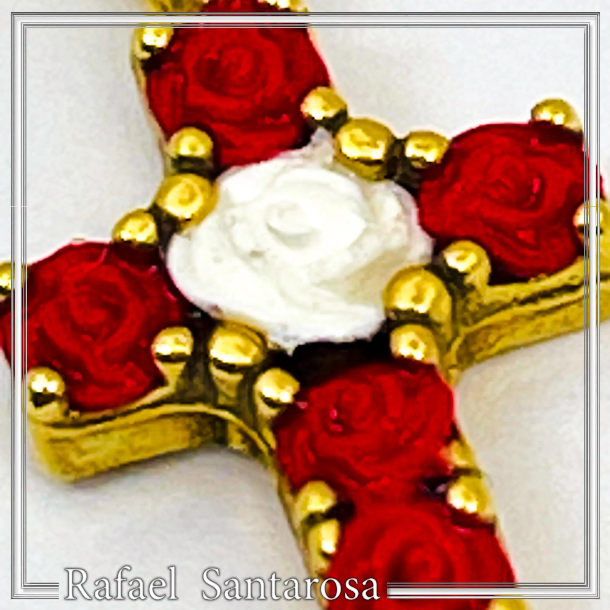 Tiny Cross Necklace: Hand Sculpted Alabaster Rose Flowers 18K Gold Filled Sterling Silver Cross — additional product image 3 from Rafael Santarosa Fine Jewelry