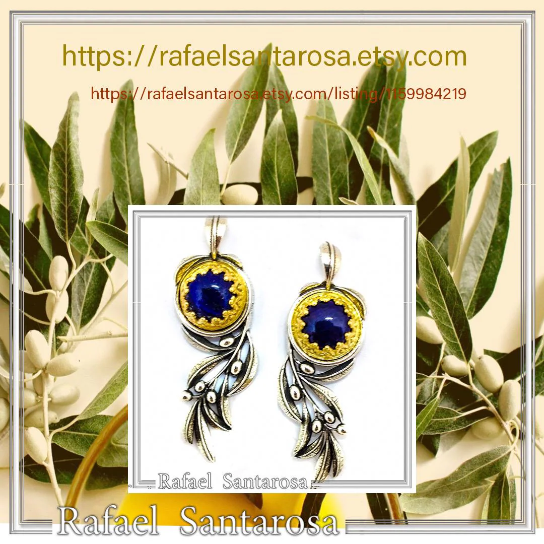 Natural Lapis Lazuli Olive Branch Earrings: Oxidized Sterling Silver, 18K Gold Filled Filigree Bezel — additional product image 10 from Rafael Santarosa Fine Jewelry