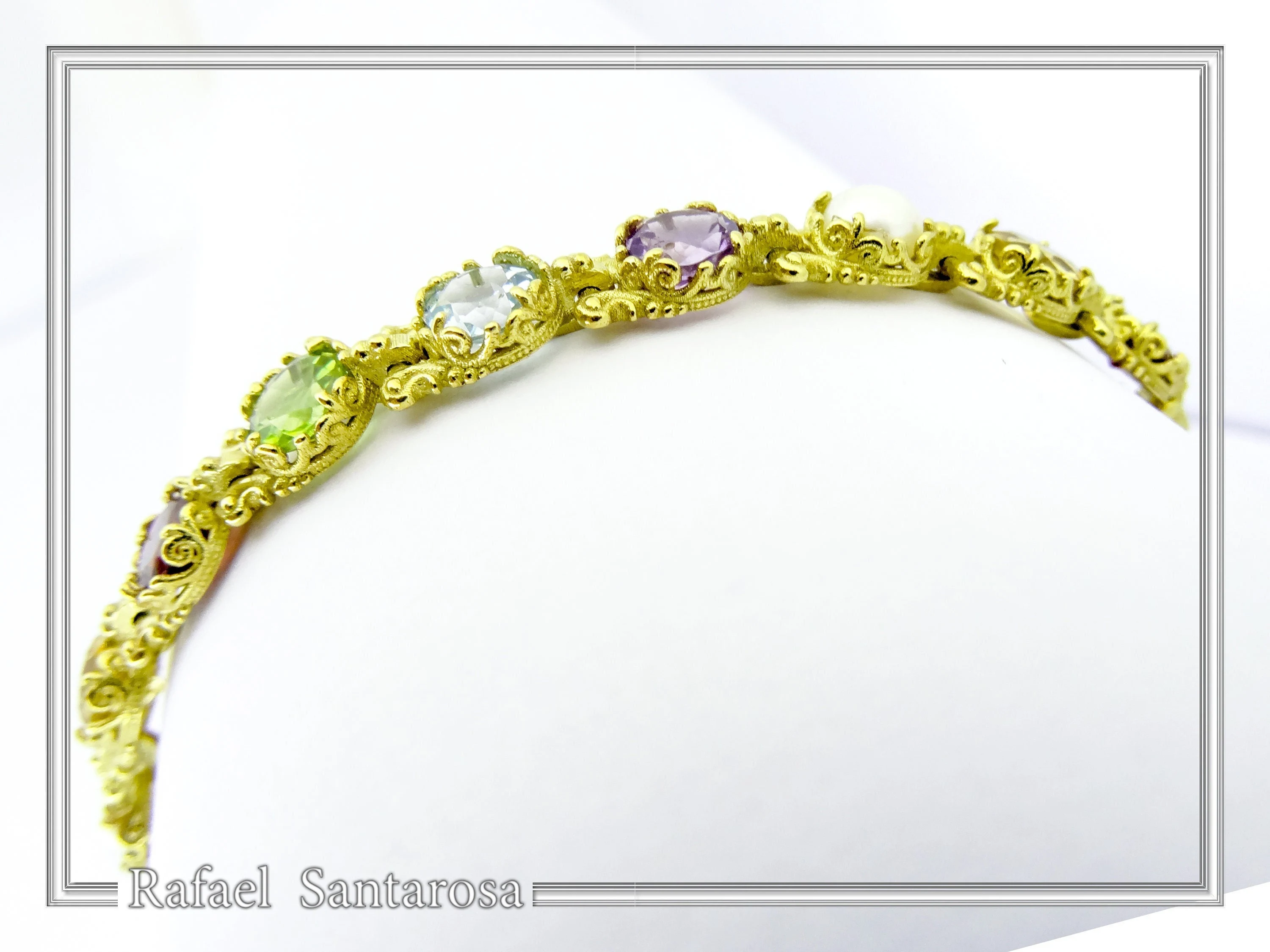 Multi Genuine Gemstone Beaded Bracelet: 18K Solid Gold Byzantine Filigree Tennis Bracelet — additional product image 7 from Rafael Santarosa Fine Jewelry