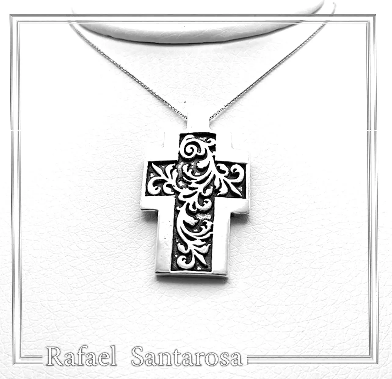 Boho Cross Necklace: Brutalist Floral Oxidized Sterling Silver Pendant — additional product image 4 from Rafael Santarosa Fine Jewelry