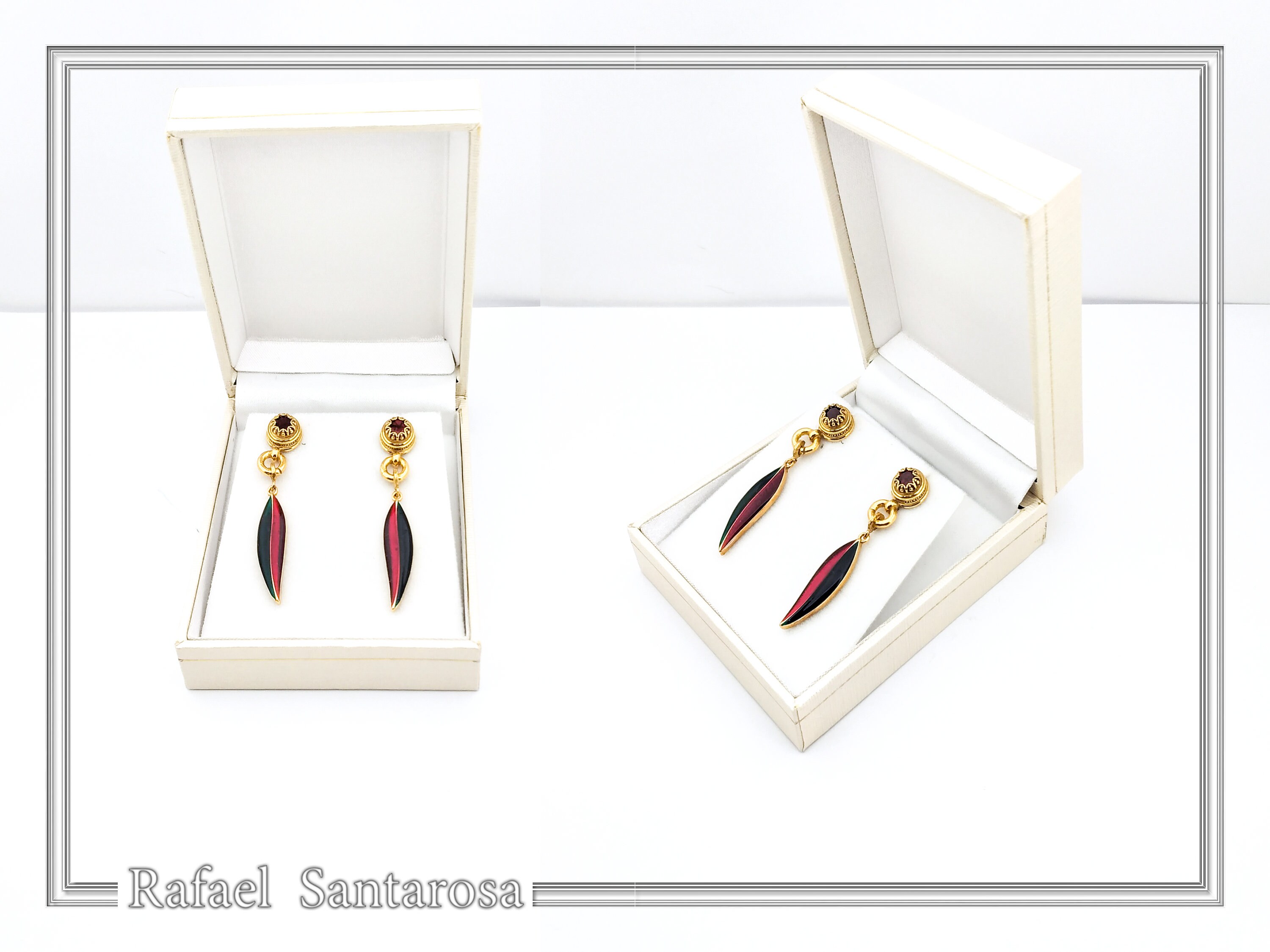 Olive Leaf Floral Dangle & Drop Earrings: Transparent Enamel, Natural Garnet, 18K Gold Filled Silver — additional product image 9 from Rafael Santarosa Fine Jewelry