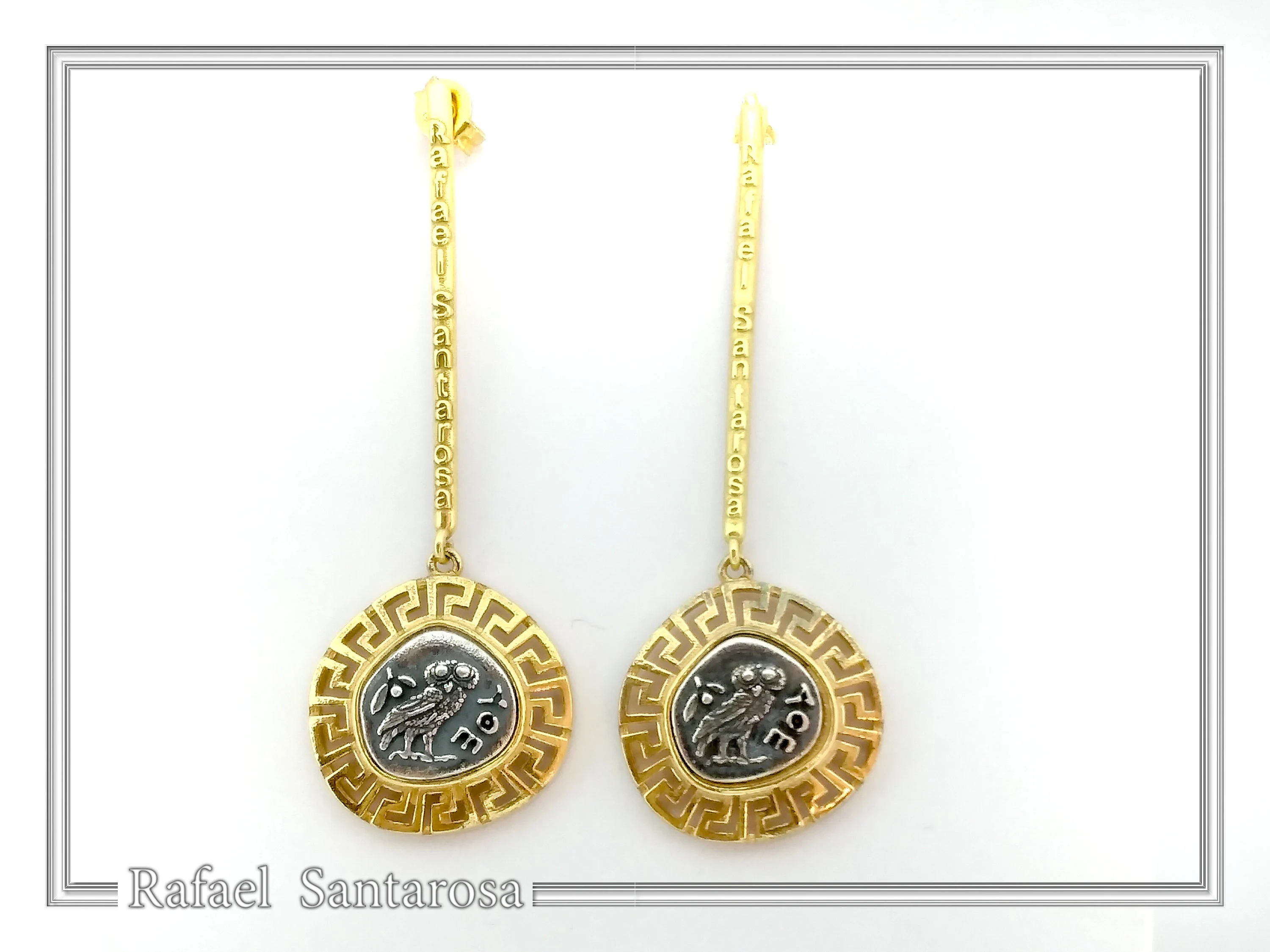Athena Owl Tetradrachm Greek Coin Dangle Drop Earrings: Museum Replicas Oxidized & Gold-Filled Silver — additional product image 4 from Rafael Santarosa Fine Jewelry