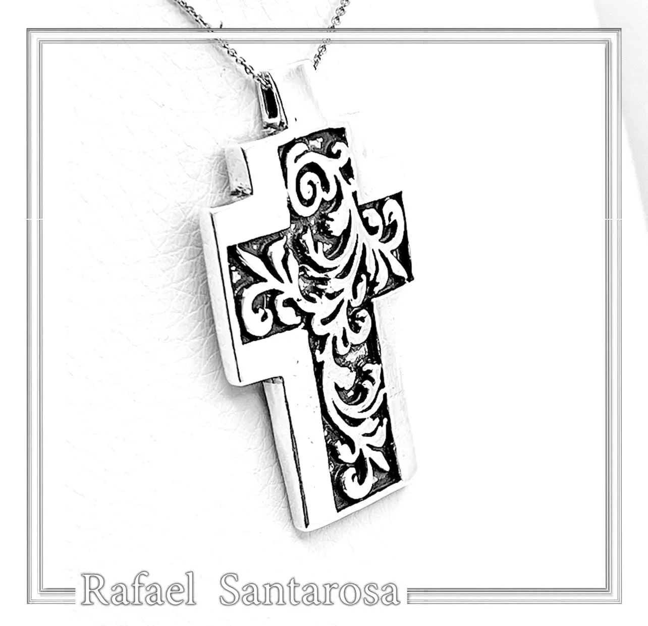 Boho Cross Necklace: Brutalist Floral Oxidized Sterling Silver Pendant — additional product image 5 from Rafael Santarosa Fine Jewelry