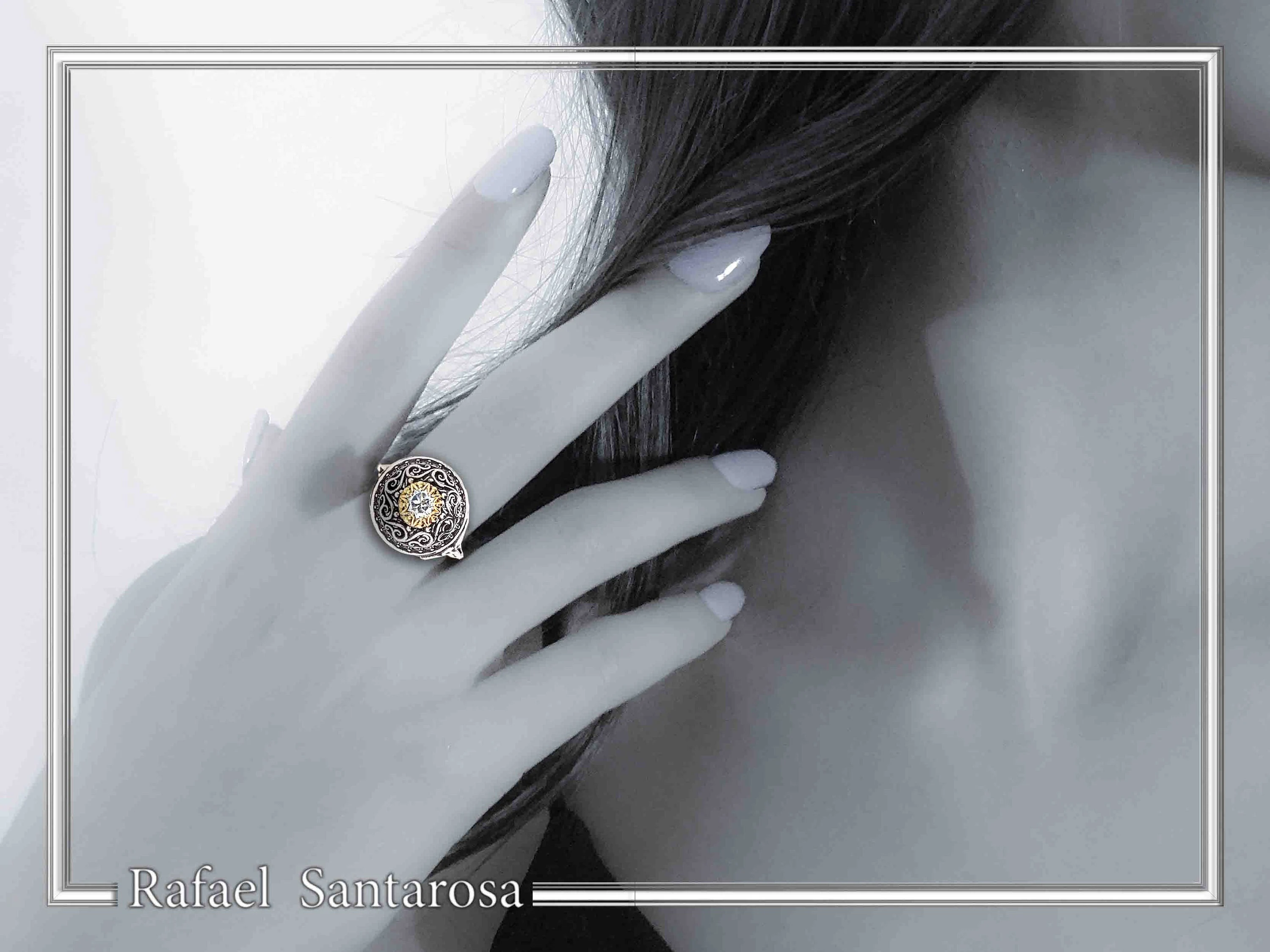 Sterling Silver Ring, 18K Gold Filled Filigree Bezel and 5mm Natural Sky-Blue Topaz — additional product image 3 from Rafael Santarosa Fine Jewelry
