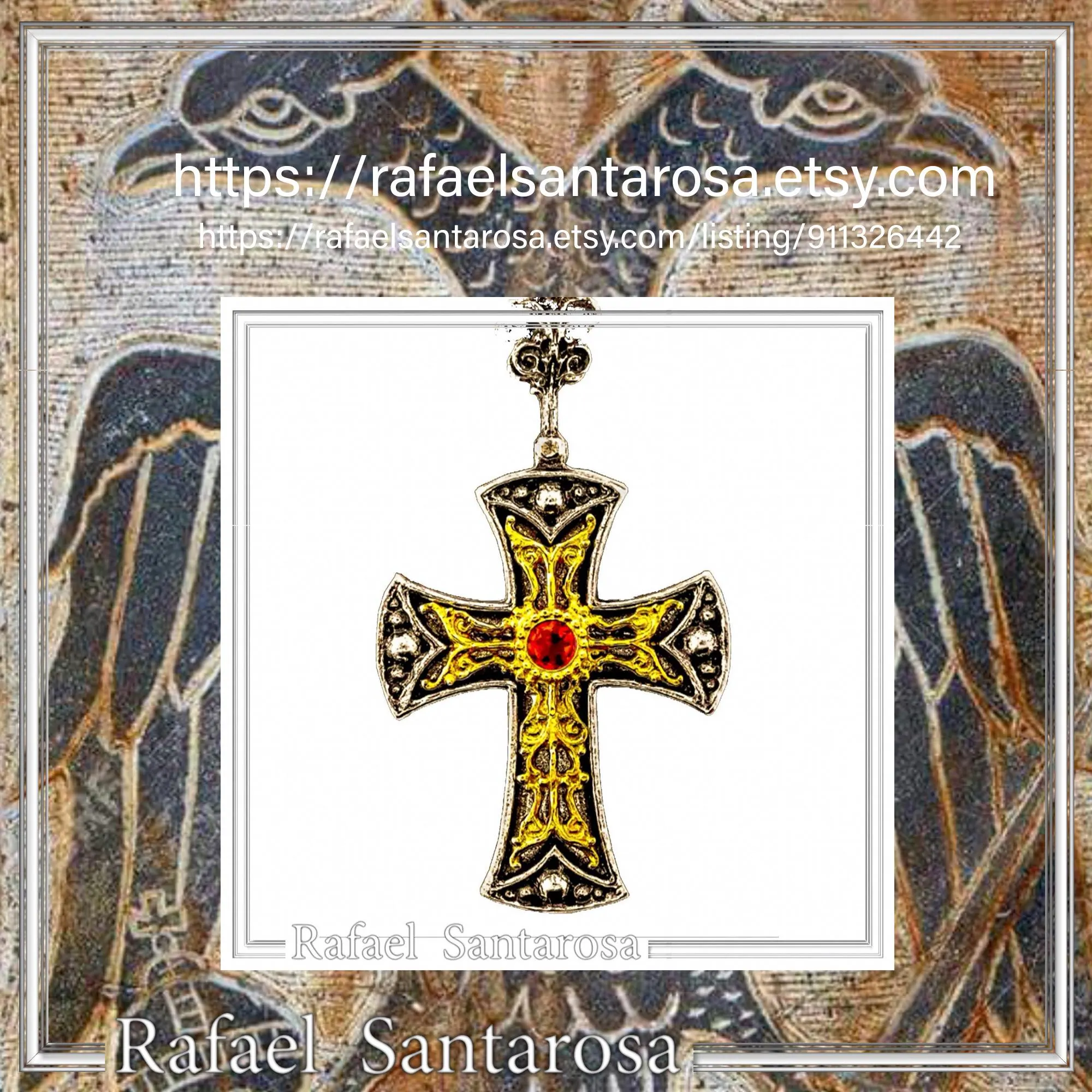 Byzantine Religious Christian Cross Necklace: Natural Garnet, Oxidized & 18K Gold filled Sterling Silver — additional product image 10 from Rafael Santarosa Fine Jewelry