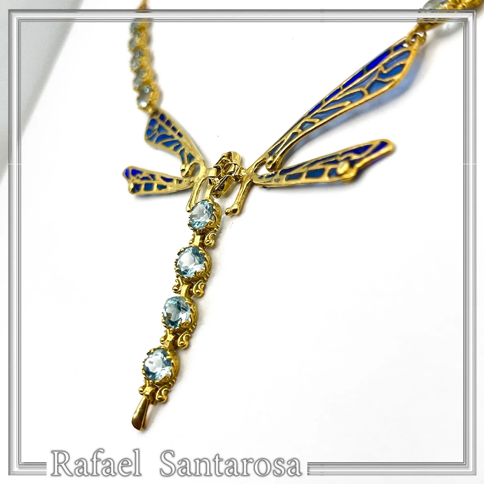 Art Nouveau Dragonfly Necklace Sterling Silver Gold Filled Blue Enamel Sky Blue Topaz — additional product image 4 from Rafael Santarosa Fine Jewelry