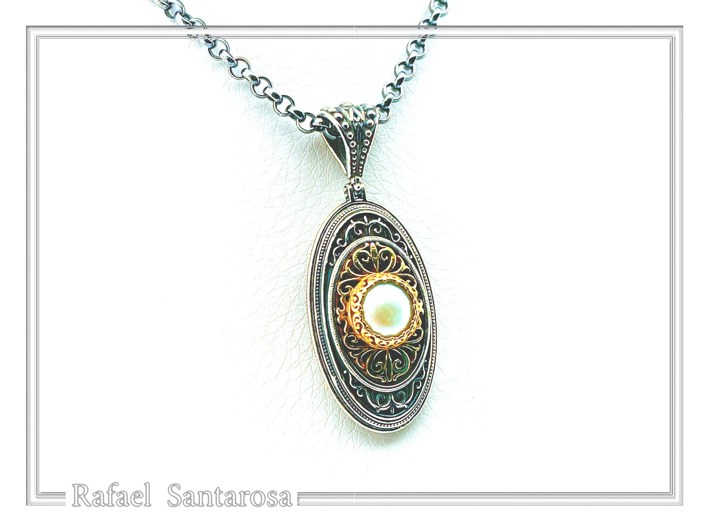 Natural Pearl on Byzantine Ornaments Pendant: Oxidized Sterling Silver and 18 Karat Gold Filled — additional product image 4 from Rafael Santarosa Fine Jewelry