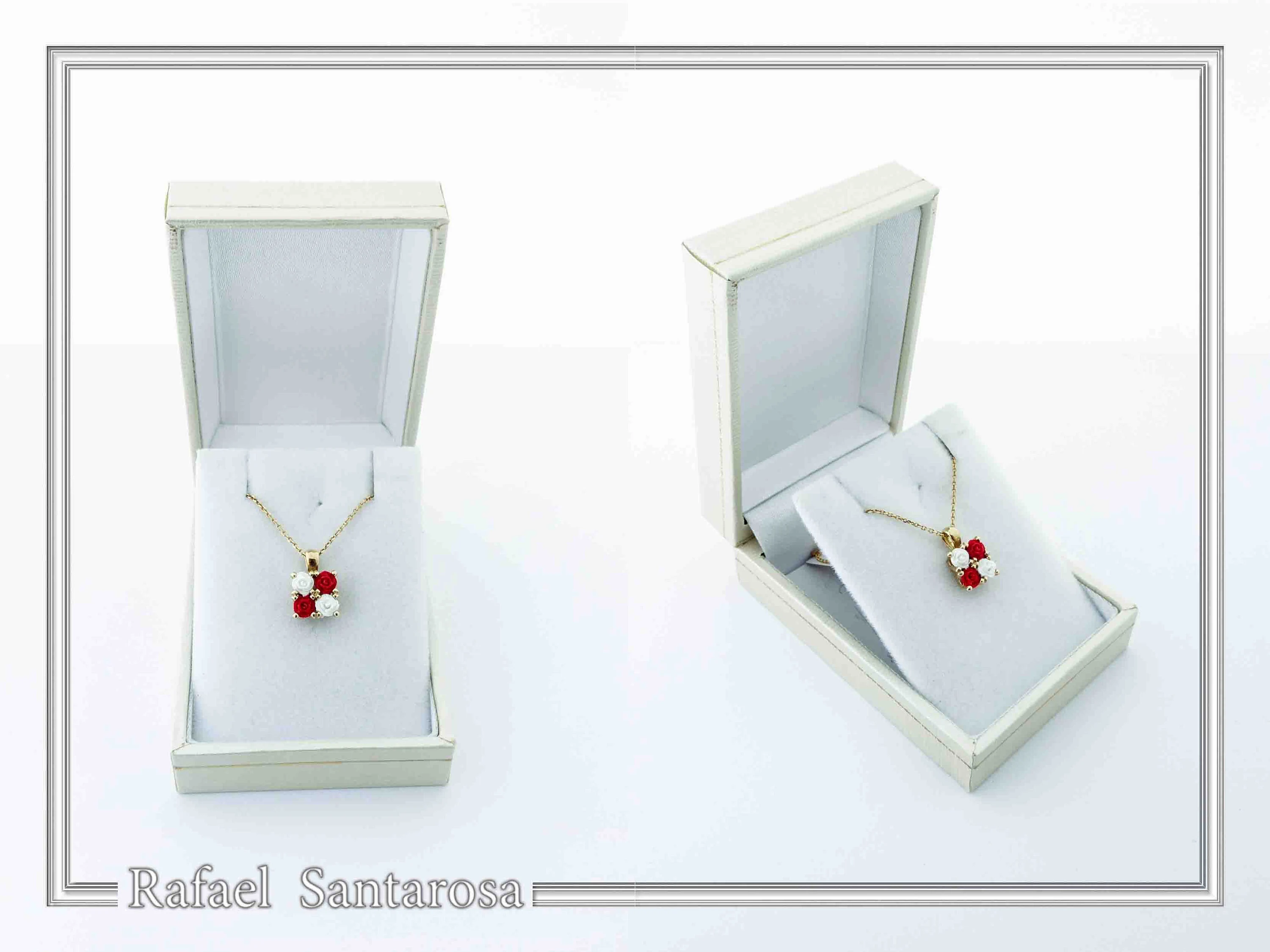 Alabaster Rose Flowers Gems Bouquet Square Necklace: Red &White Roses, Silver 18K Gold Filled. — additional product image 9 from Rafael Santarosa Fine Jewelry