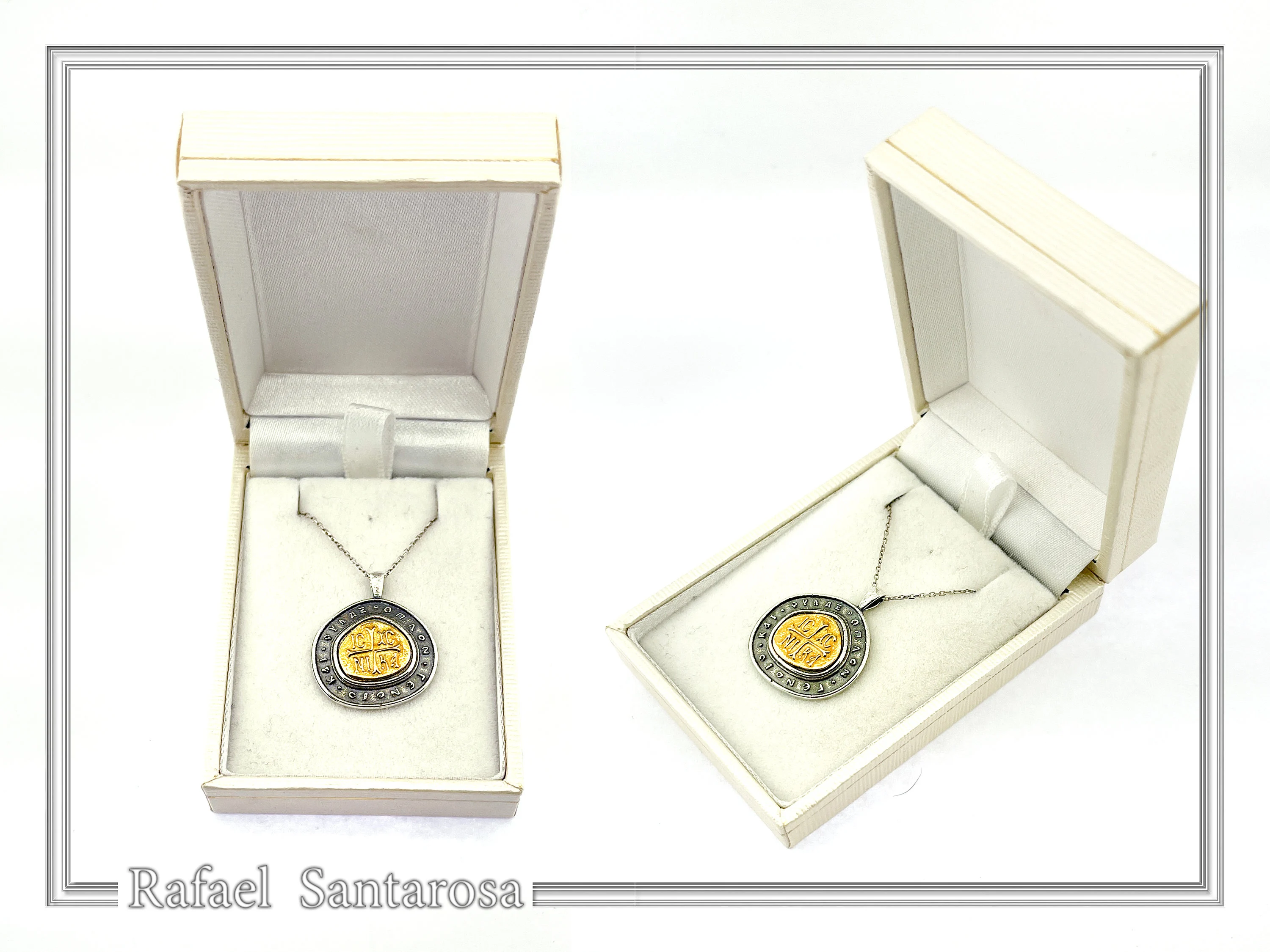 Jesus Christ Victorious Necklace: 18K Gold Christogram & Oxidized Sterling Silver. ICXC NIKA Orthodox Prayer. — additional product image 9 from Rafael Santarosa Fine Jewelry