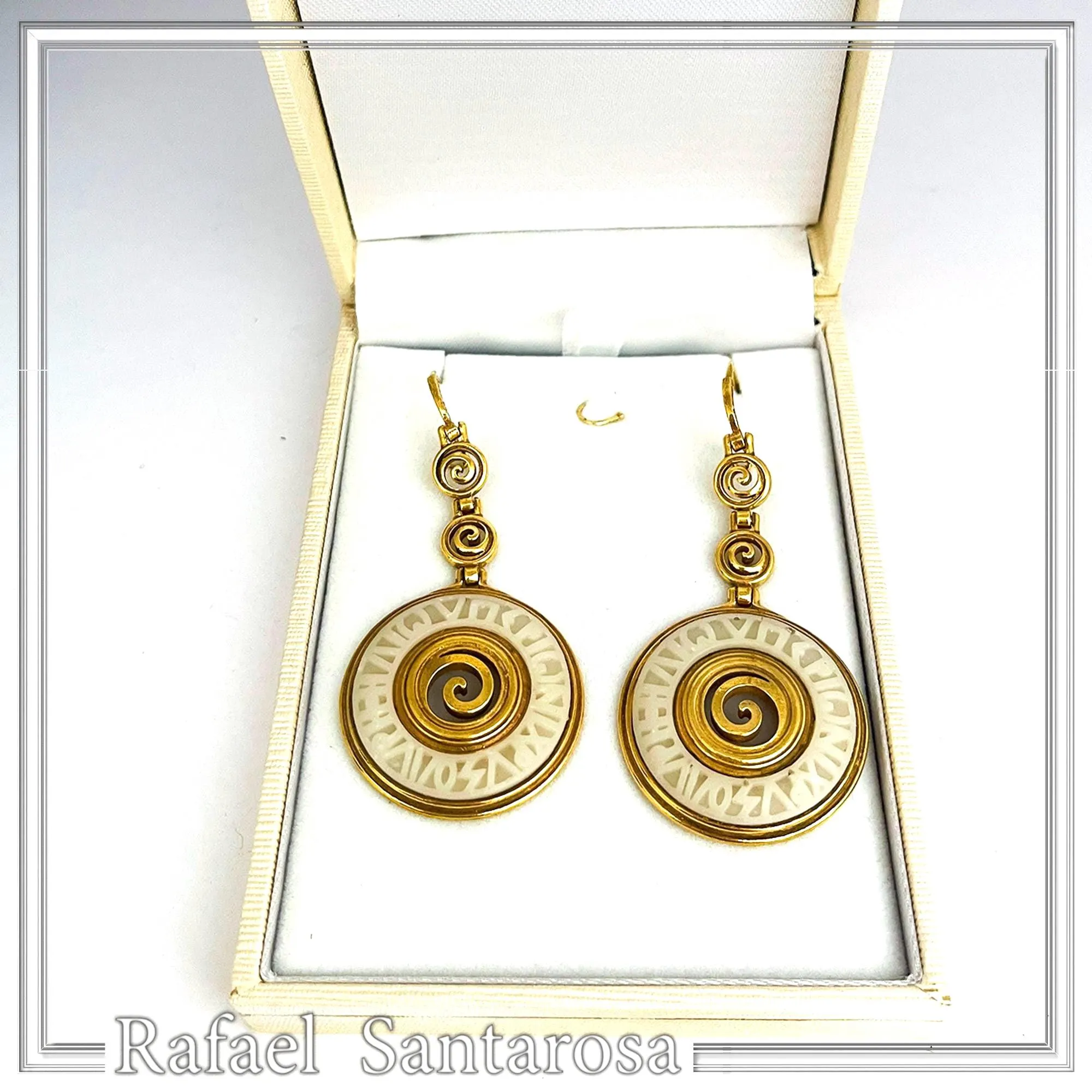 Ancient Greek Prayer to Sun Engraved Marble Spiral Earrings: 18k Gold Filled Sterling Silver — additional product image 6 from Rafael Santarosa Fine Jewelry