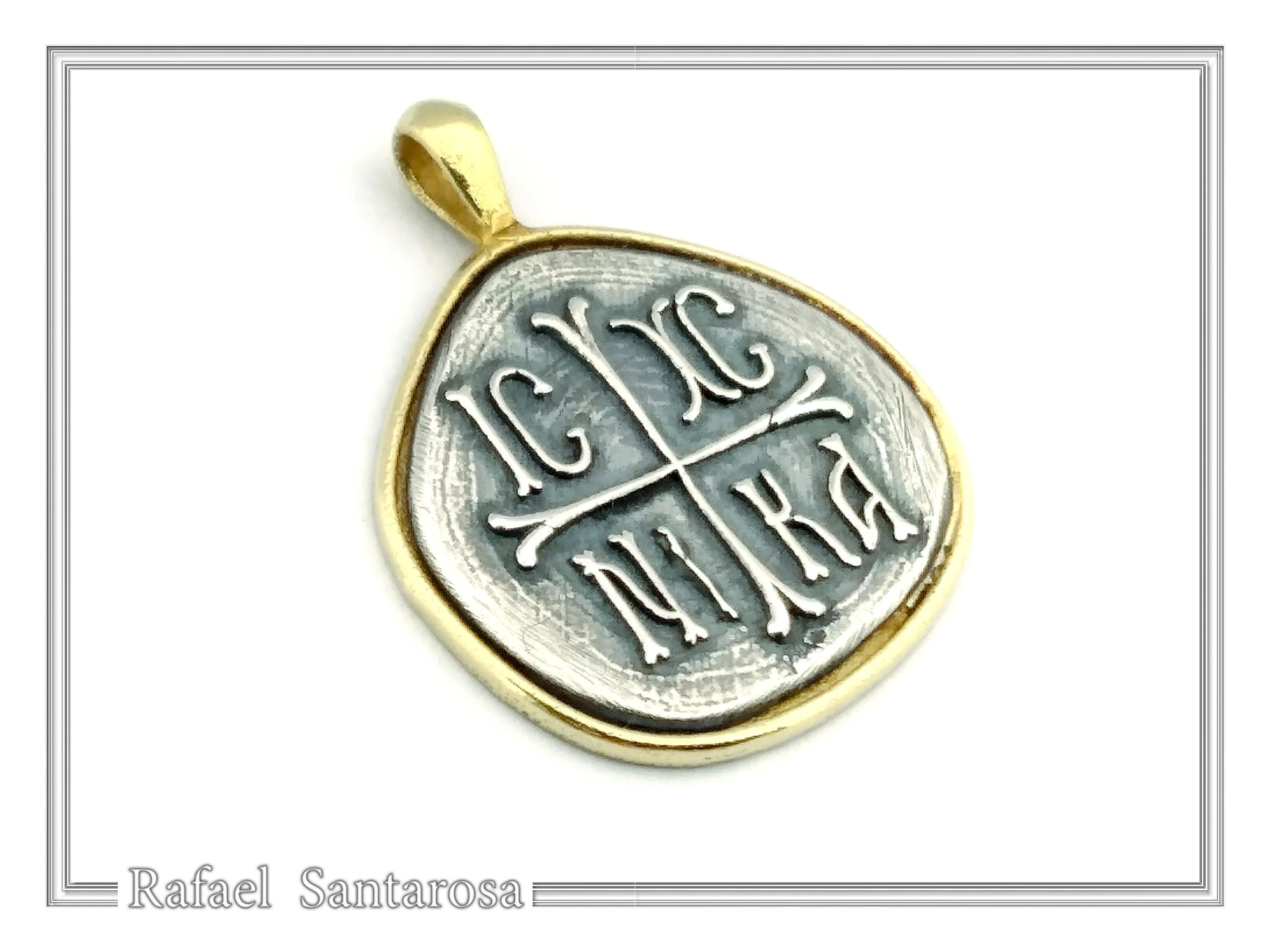 Protection Cross Pendant ICXC NIKA: Oxidized Silver Constantinato Coin on 18k Solid Gold Charm — additional product image 2 from Rafael Santarosa Fine Jewelry