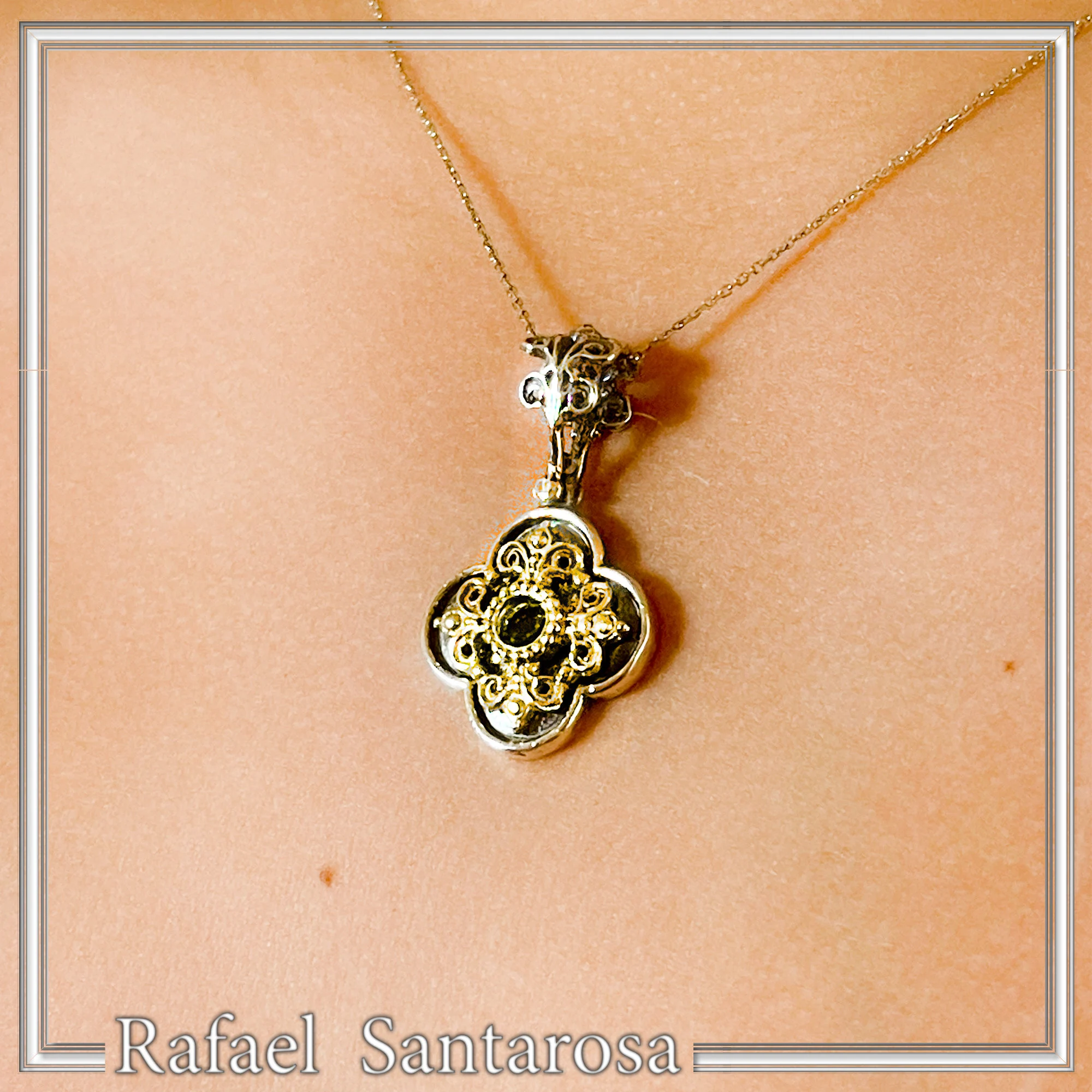 Byzantine Filigree Natural Green Peridot Necklace: Handmade Sterling Silver Oxidized and 18K Gold Filled — additional product image 5 from Rafael Santarosa Fine Jewelry