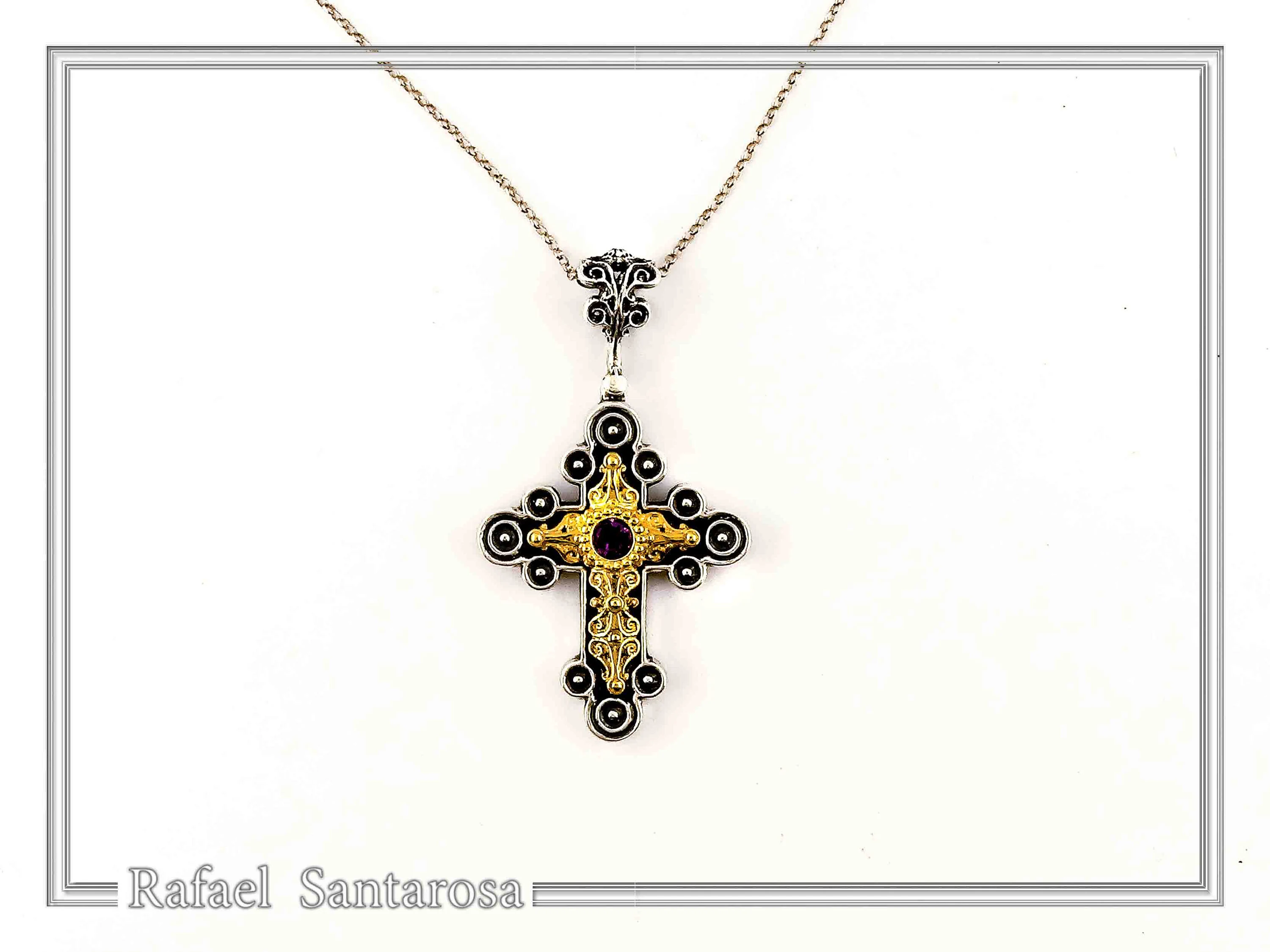 African Genuine Amethyst Byzantine Cross Necklace: Oxidized Sterling Silver & 18K Gold Filled — additional product image 4 from Rafael Santarosa Fine Jewelry
