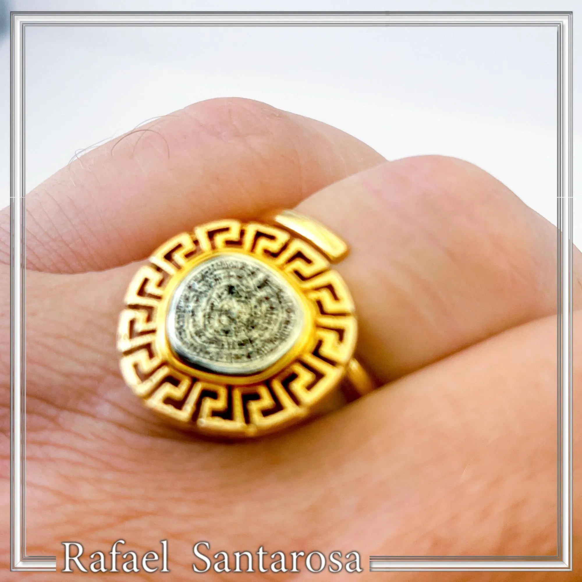 Greek Calendar Phaistos Disc on Greek Key Ring: Oxidized Sterling Silver, 18K Gold Filled — additional product image 6 from Rafael Santarosa Fine Jewelry