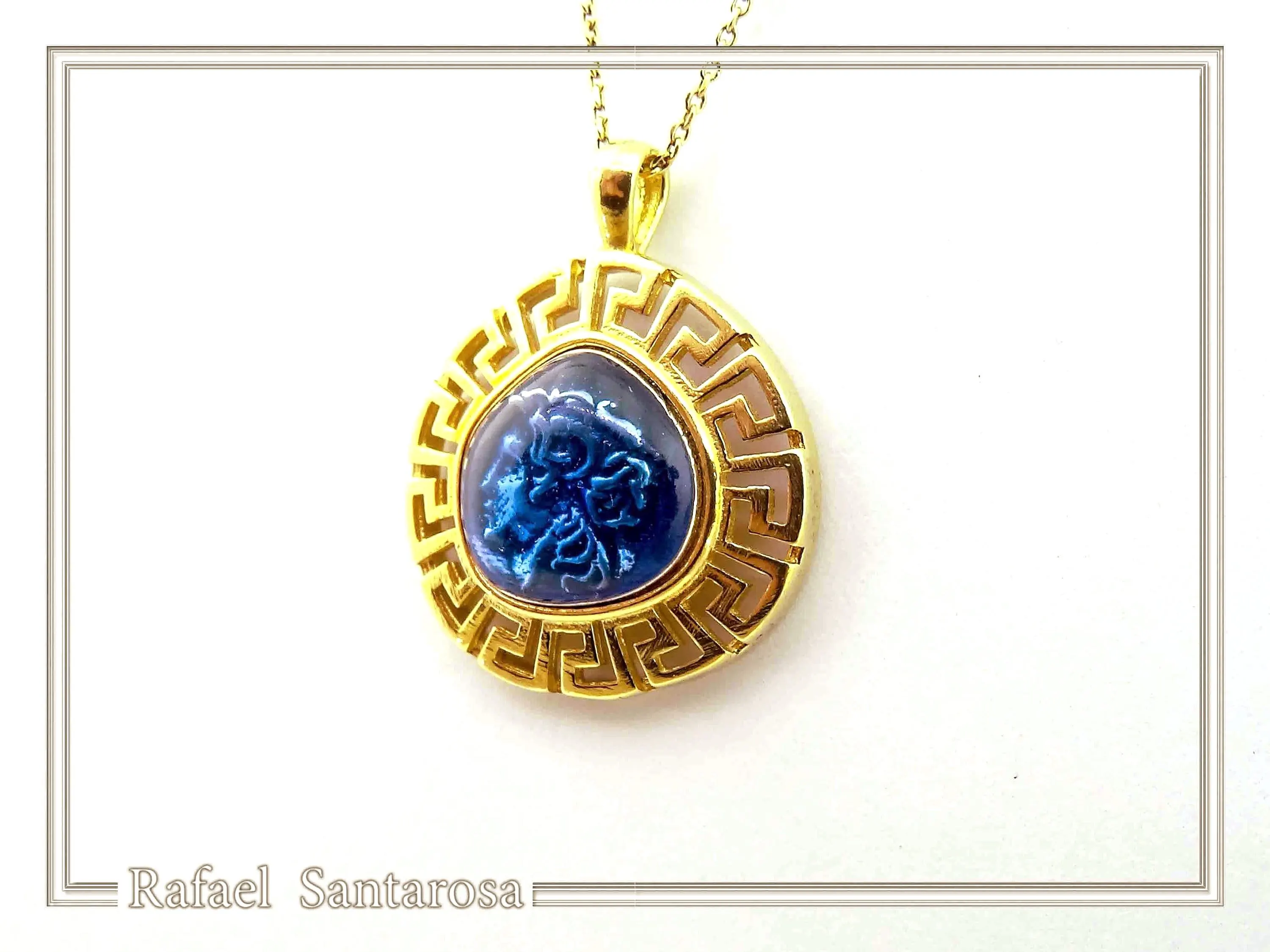 Alexander the Macedon coin silver necklace with Greek key 18k gold filled & sky-blue enamel. — additional product image 3 from Rafael Santarosa Fine Jewelry