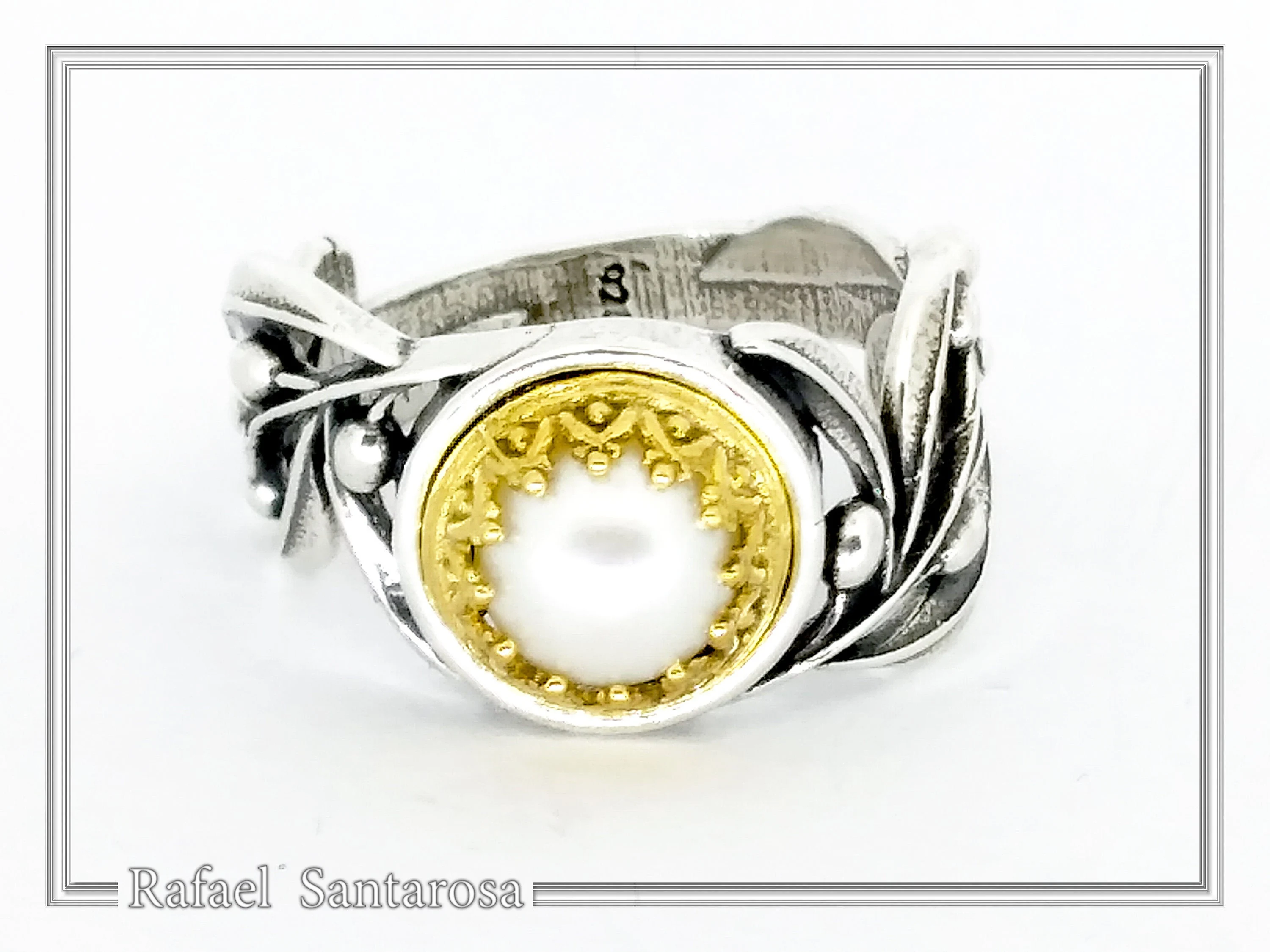 Natural Lapis or Pearl Floral Olive Branch Ring: Oxidized Sterling Silver Gold Filled Filigree — additional product image 4 from Rafael Santarosa Fine Jewelry