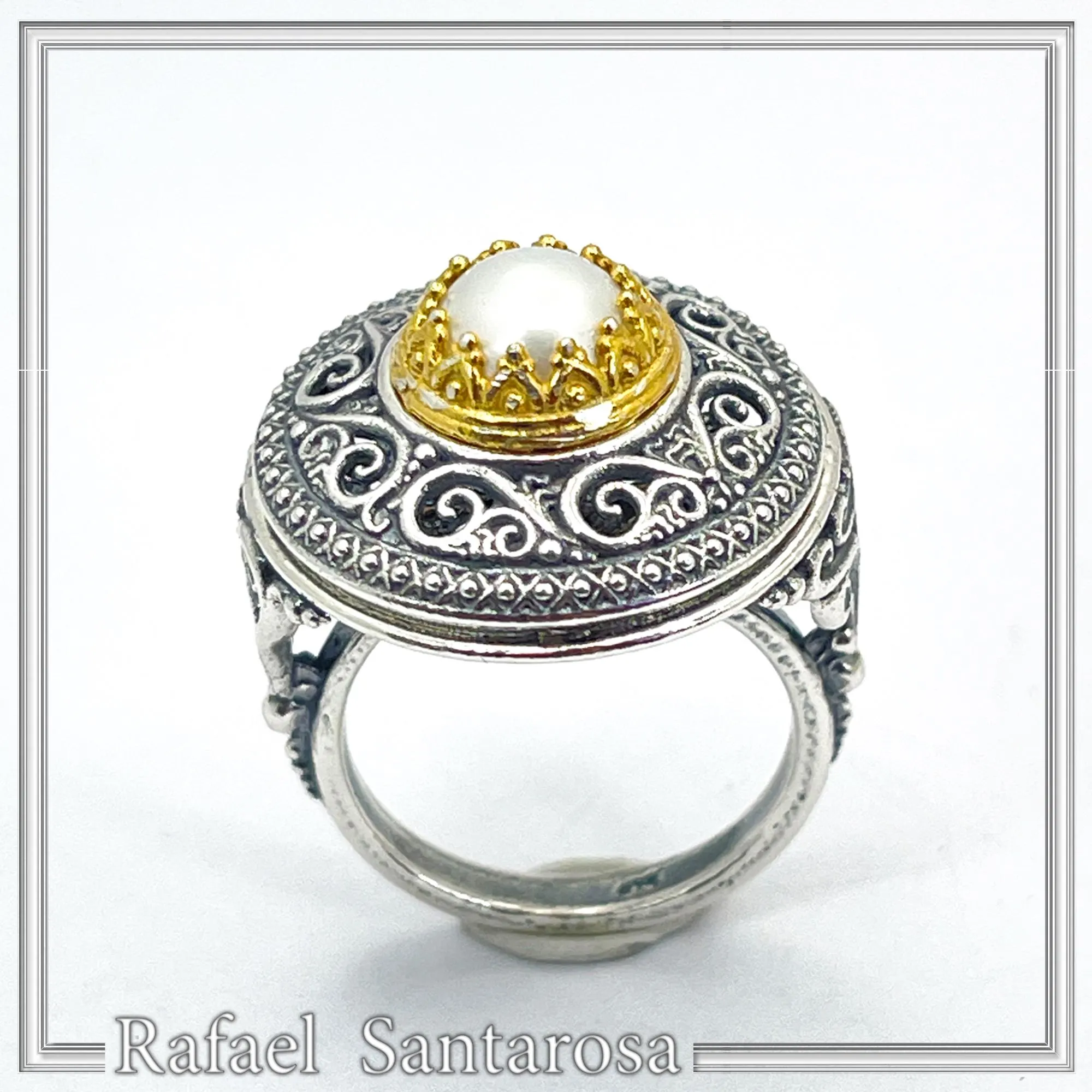 Oxidised sterling silver ring with 18k gold filled bezel and natural pearl center stone. — additional product image 10 from Rafael Santarosa Fine Jewelry